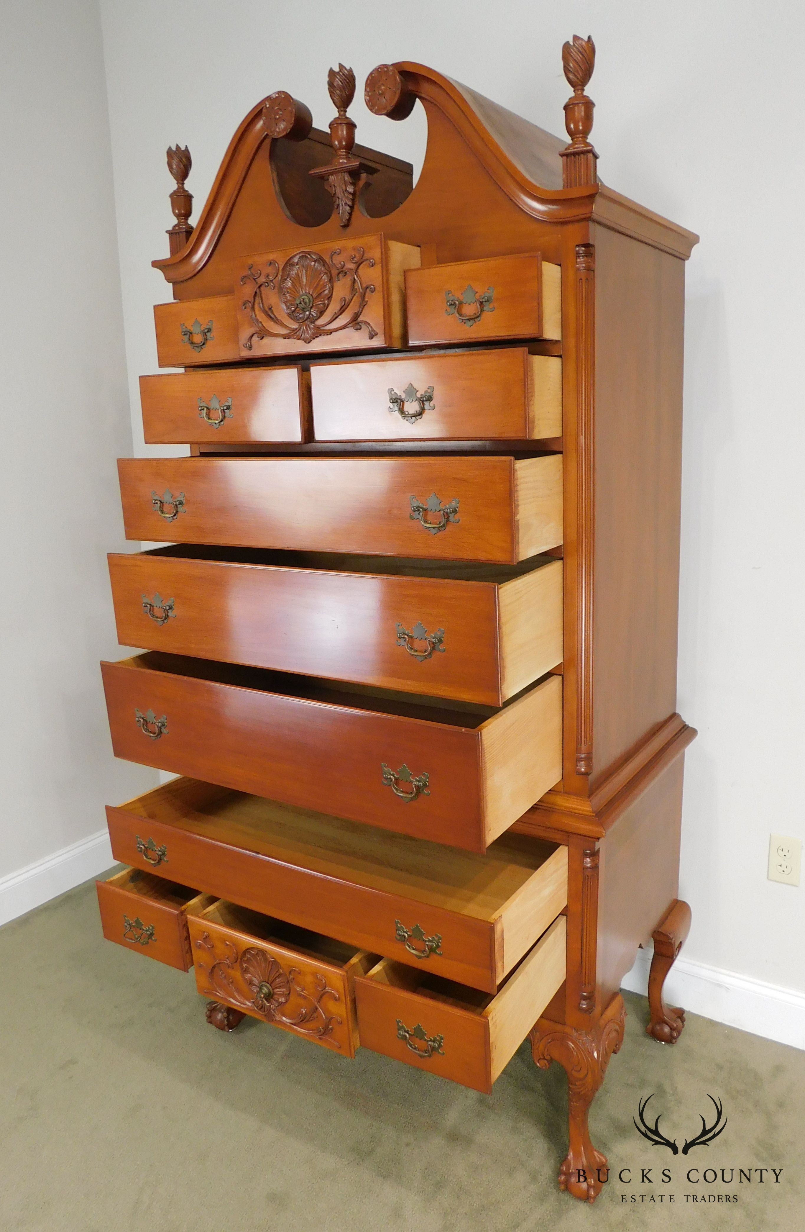 Colonial Craft Cherry Bench Made Chippendale Ball & Claw Bonnet Top Highboy