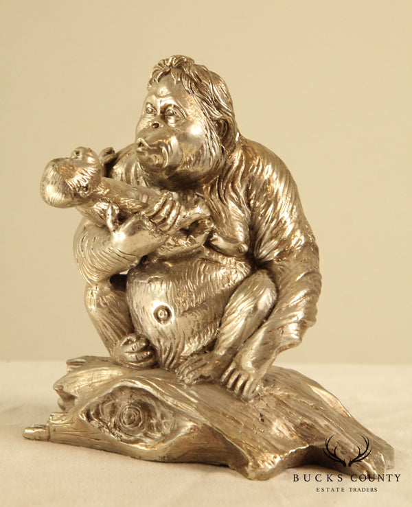 Silver Finish Bronze Statue of Mother & Baby Orangutan