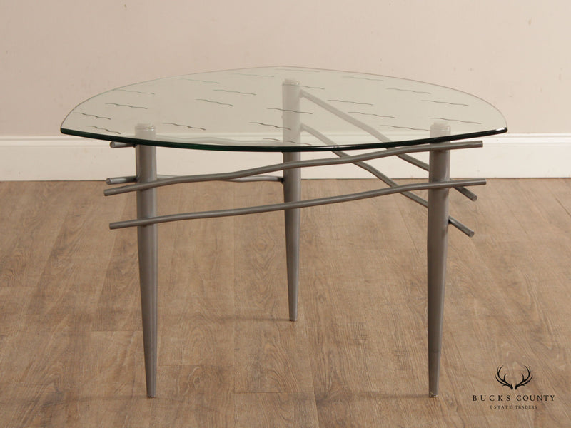 Modern Triangular Glass Top Brushed Steel Table