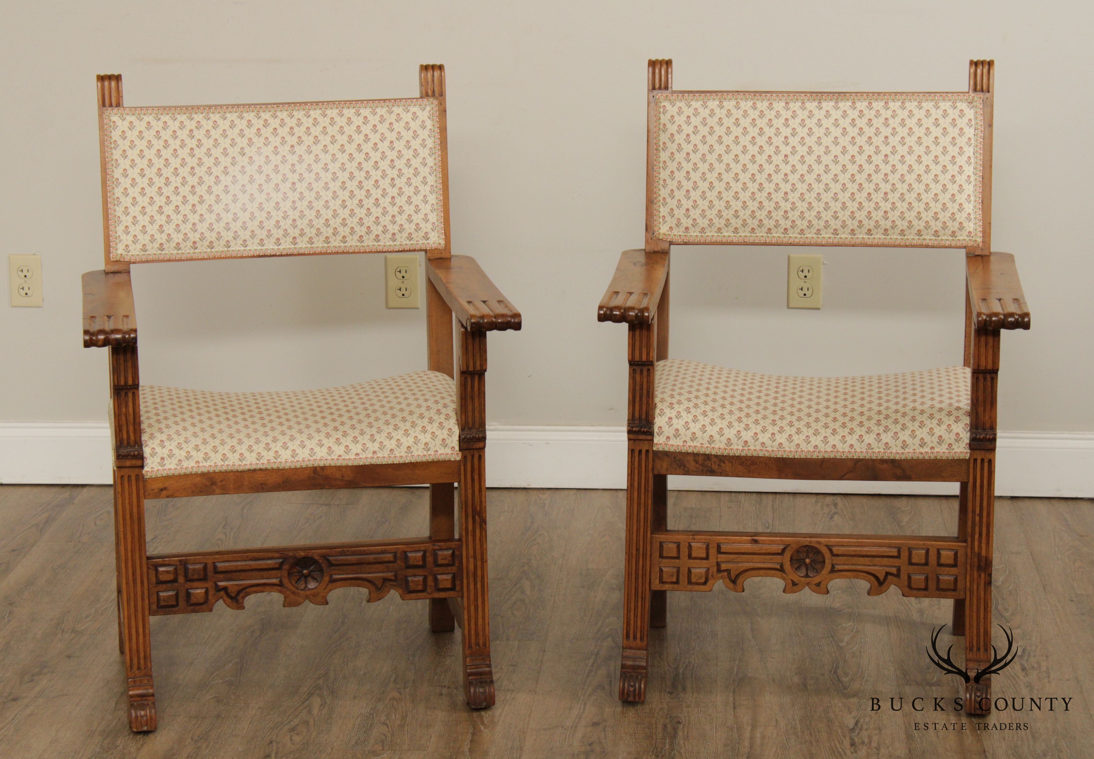 Antique Spanish Renaissance Style Pair Walnut Armchairs