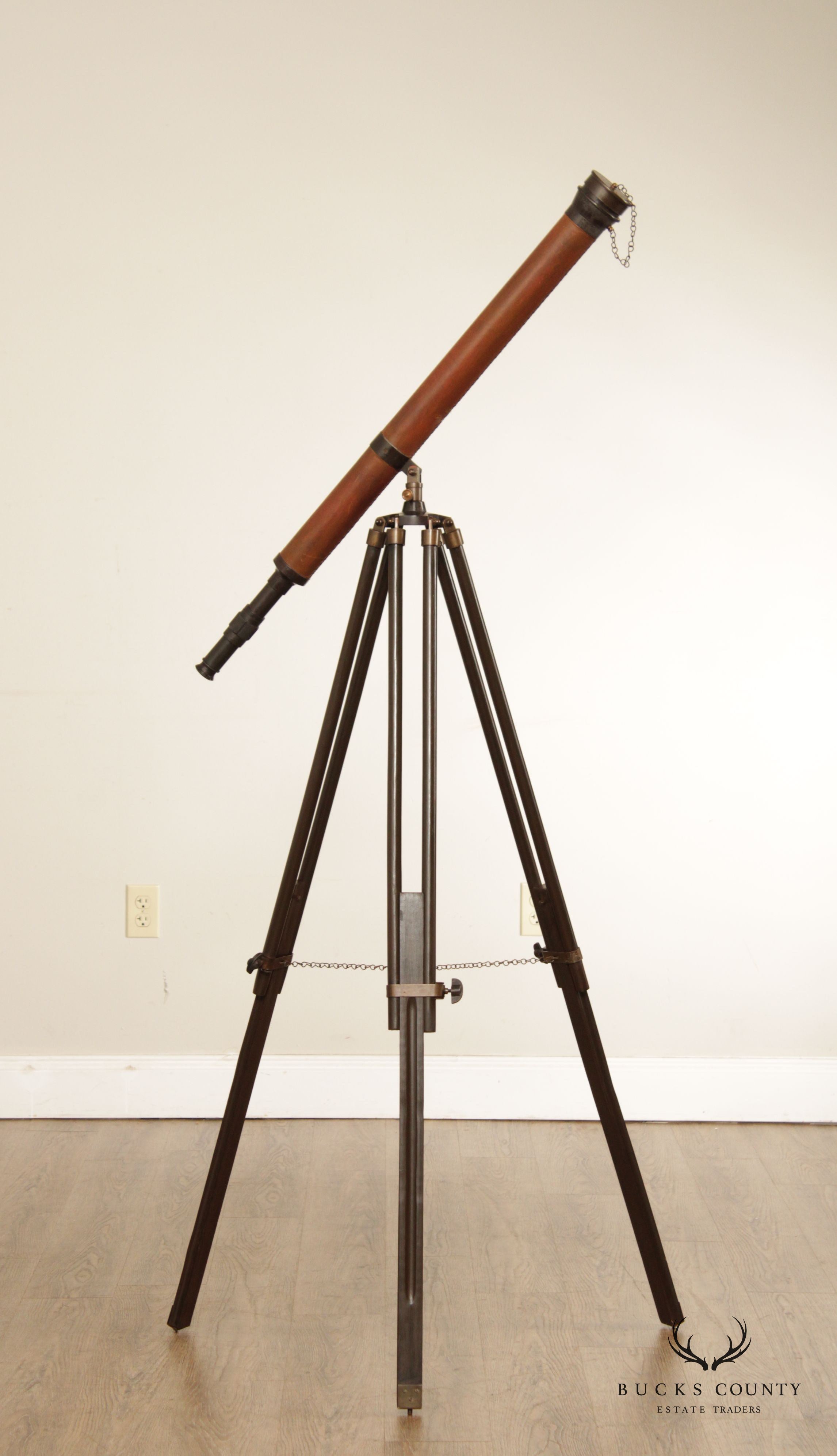 Decorative Wood and Brass Tripod Floor Telescope