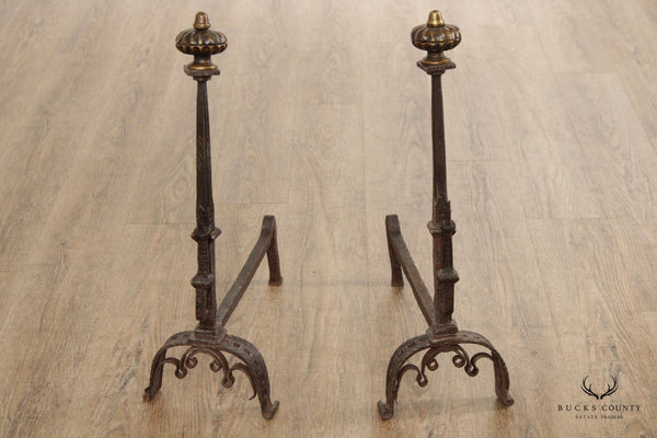 Antique English Pair of Aesthetic Wrought Iron and Brass Fireplace Andirons
