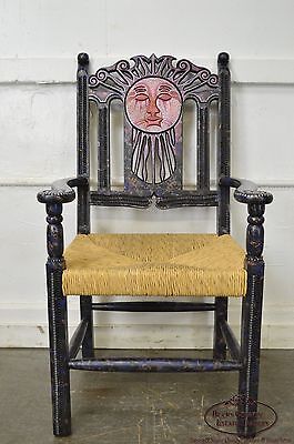 Custom Pair of Hand Painted Mexican Sun Gods Carved Rush Seat Arm Chairs