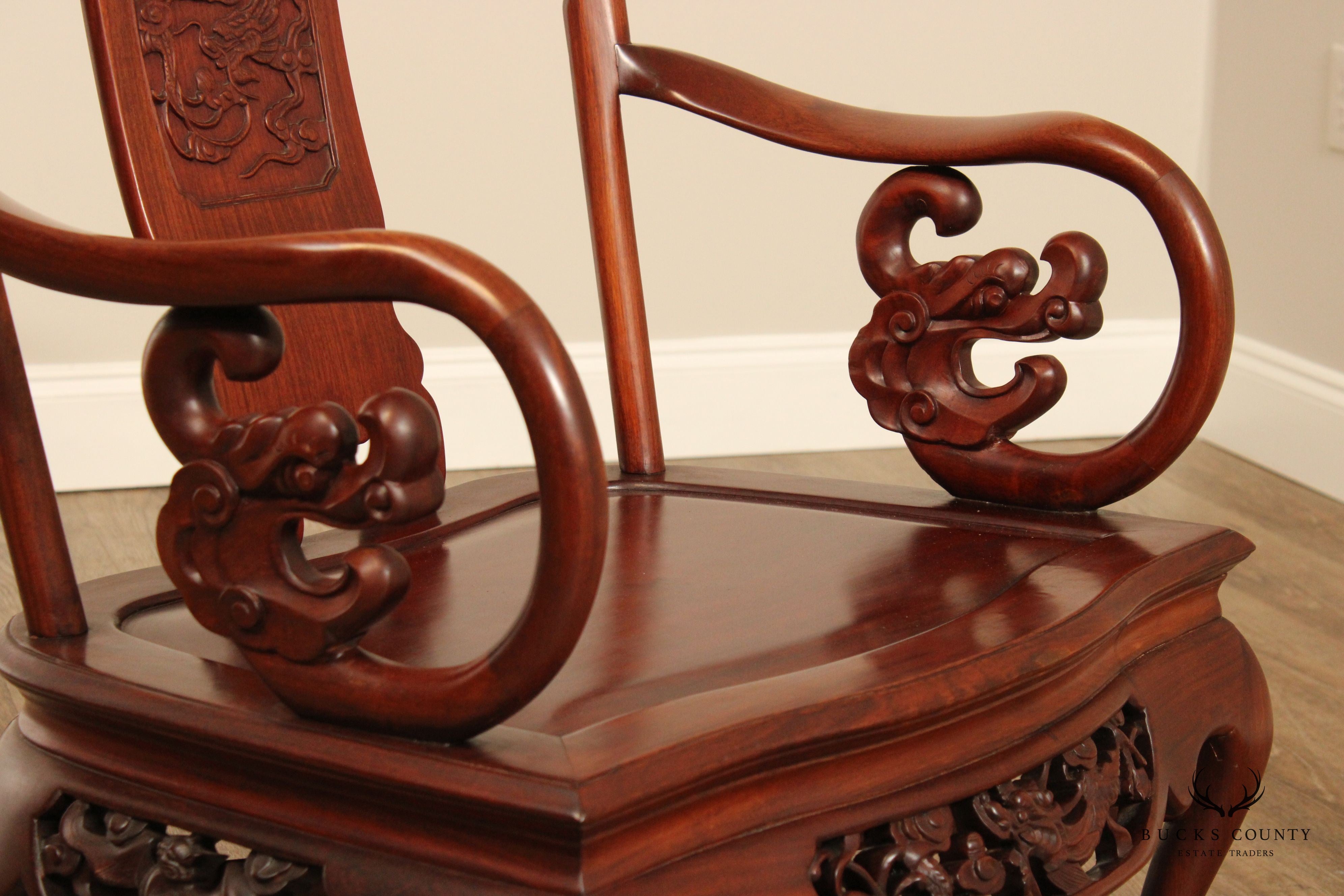 Chinese Pair of Carved Mahogany Throne Armchairs