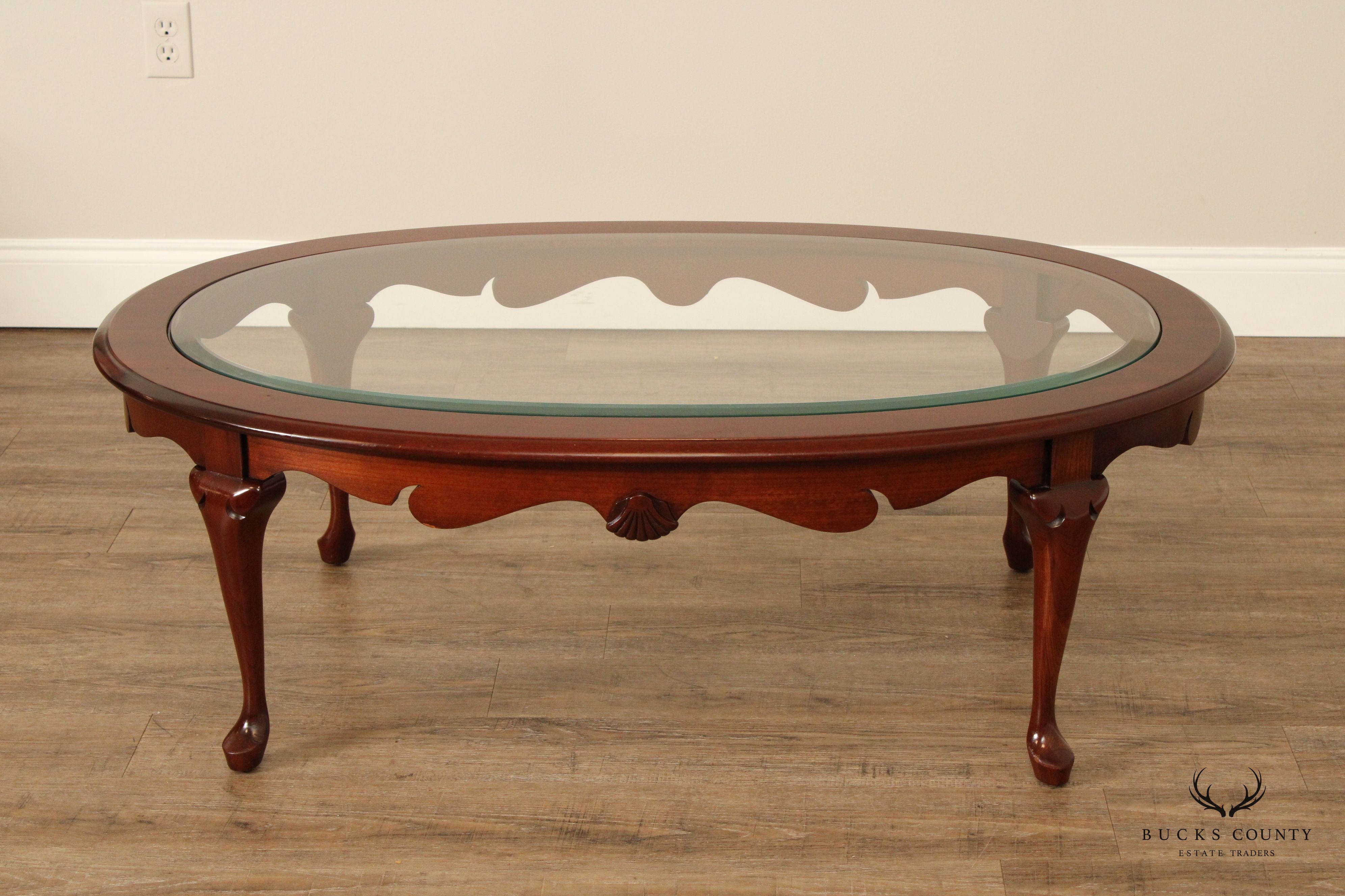 Queen Anne Style Carved Cherry Oval Glass Top Coffee Table