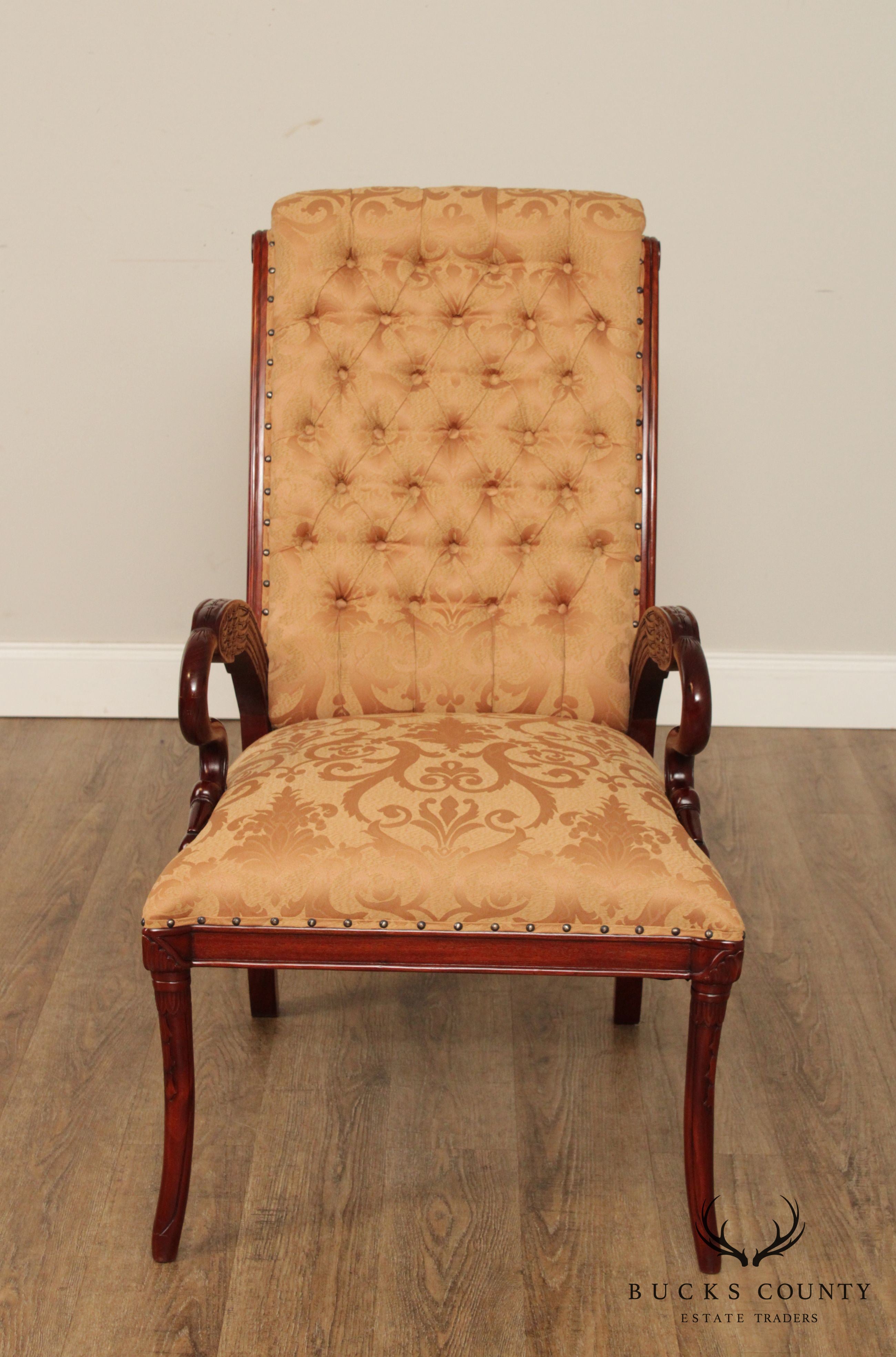 French Regency Style Pair Carved Mahogany Frame Armchairs