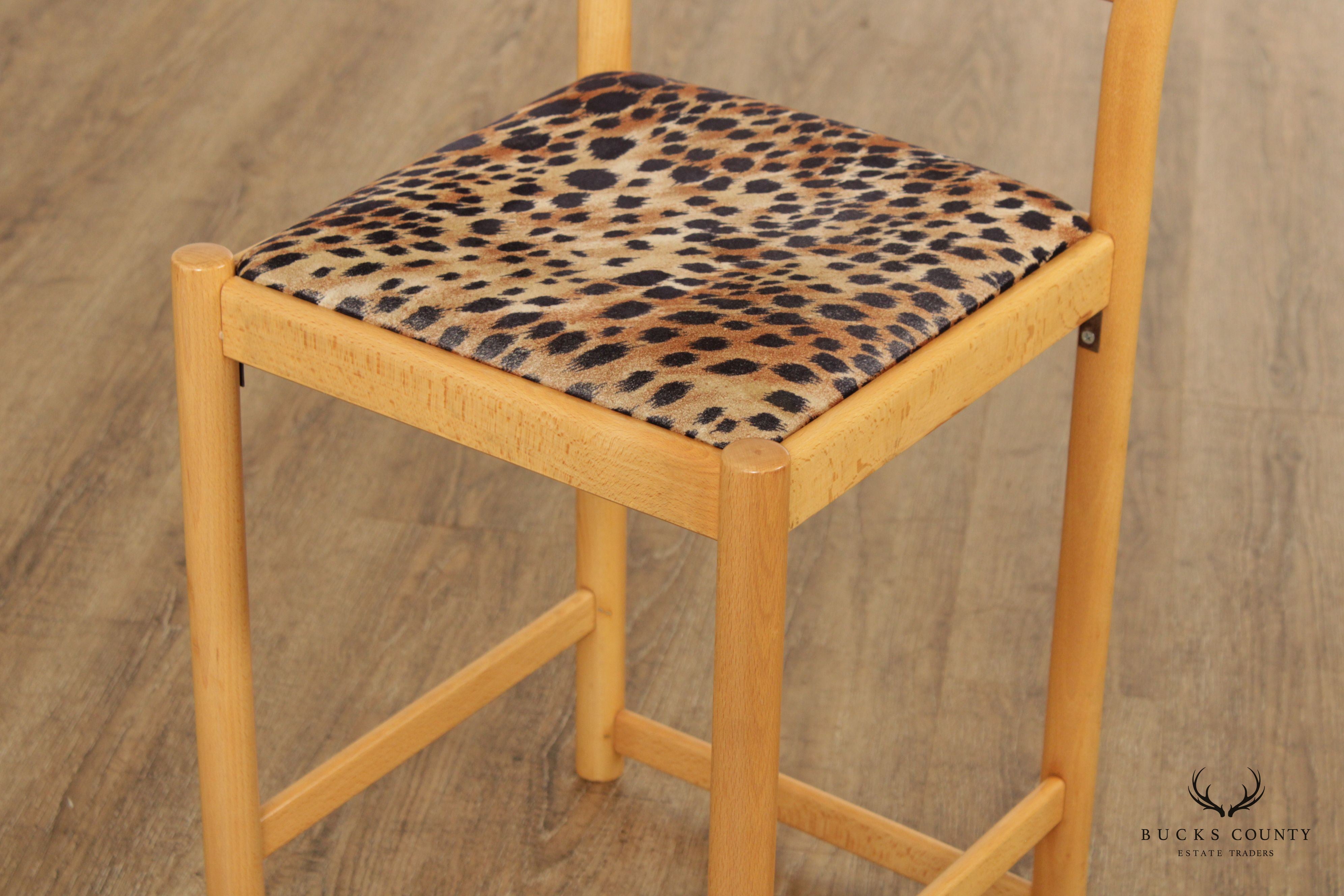 Italian Modern Pair Cheetah Print Upholstered Low Counter Height Bar Stools