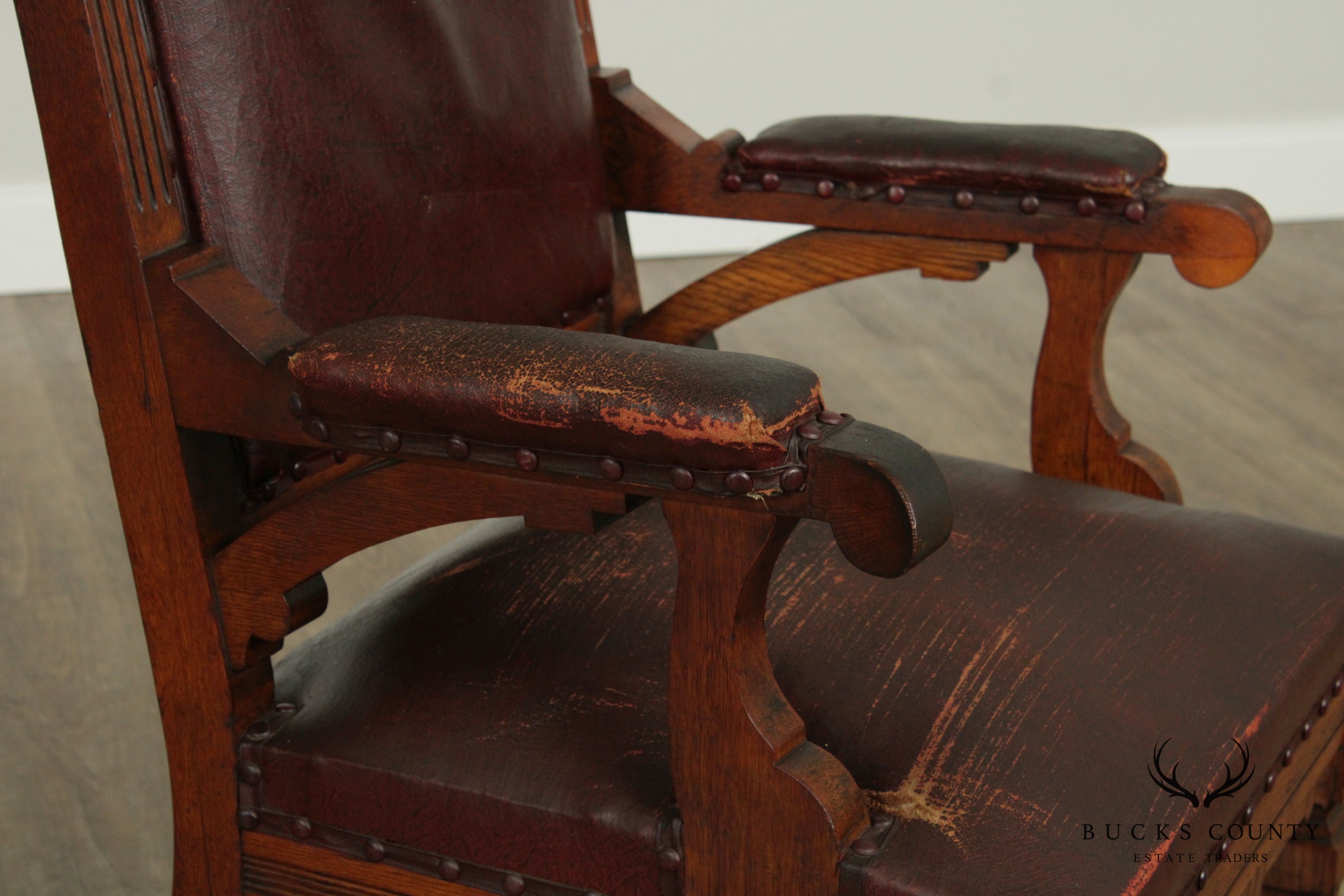 Antique Victorian Oak Pair High Back Masonic Armchairs