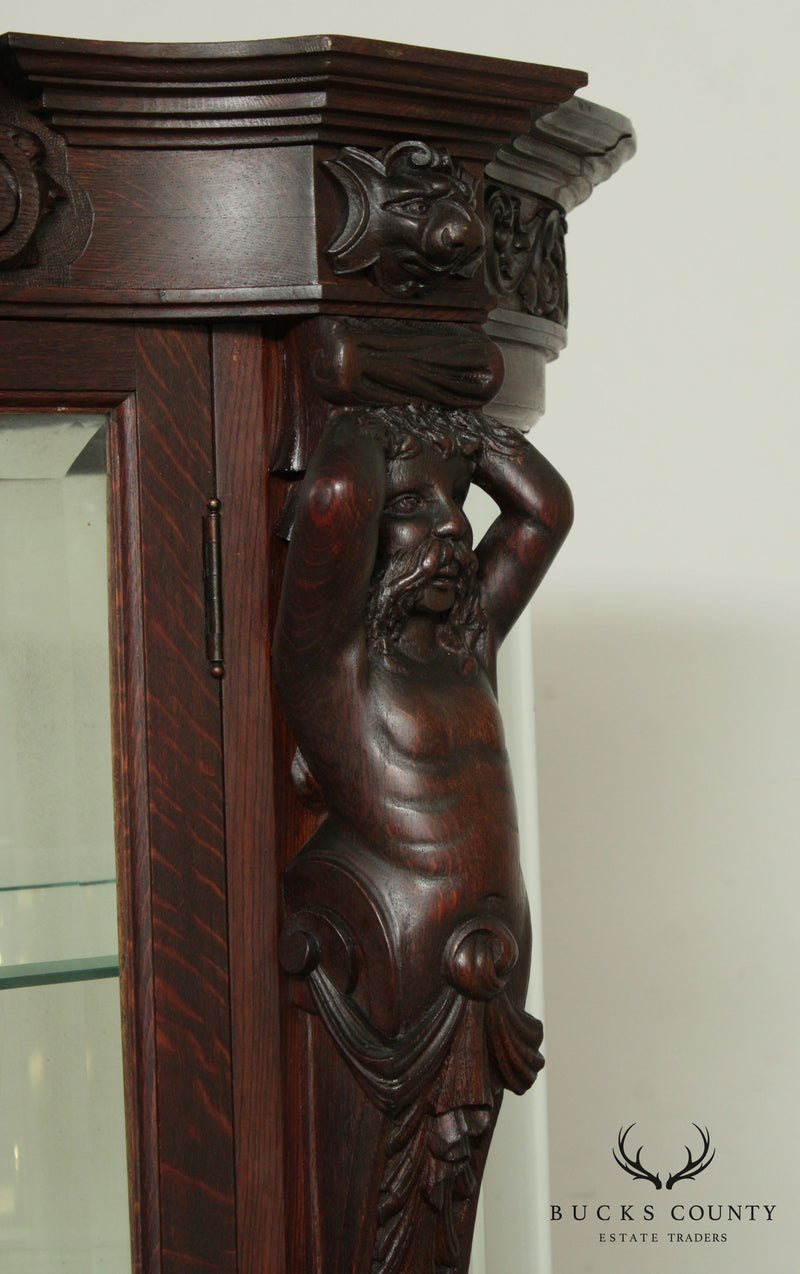 Horner Antique Oak Figural Carved Beveled Glass China Cabinet