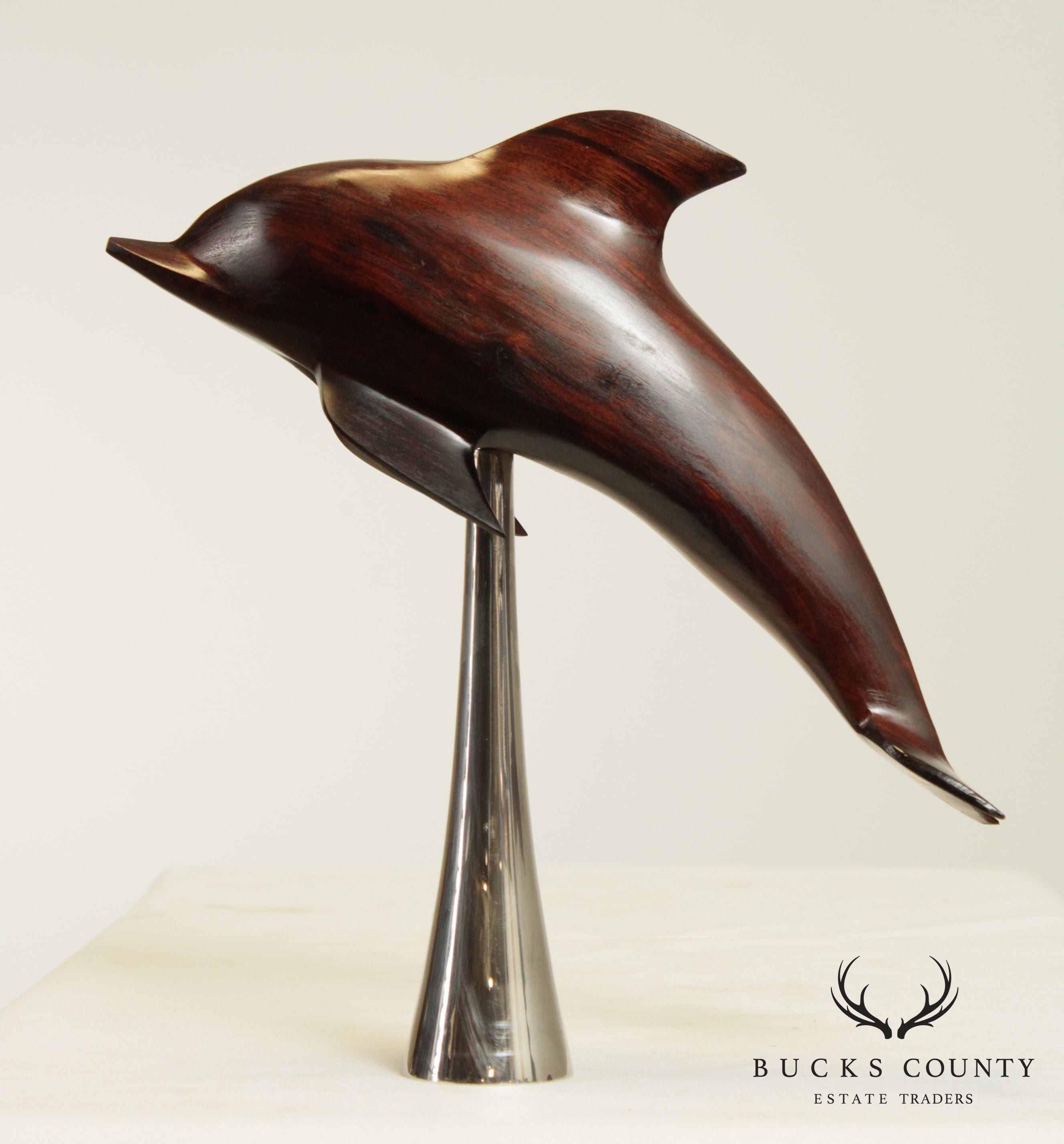 Mid Century Modern Carved Rosewood Dolphin Sculpture on Chrome Base