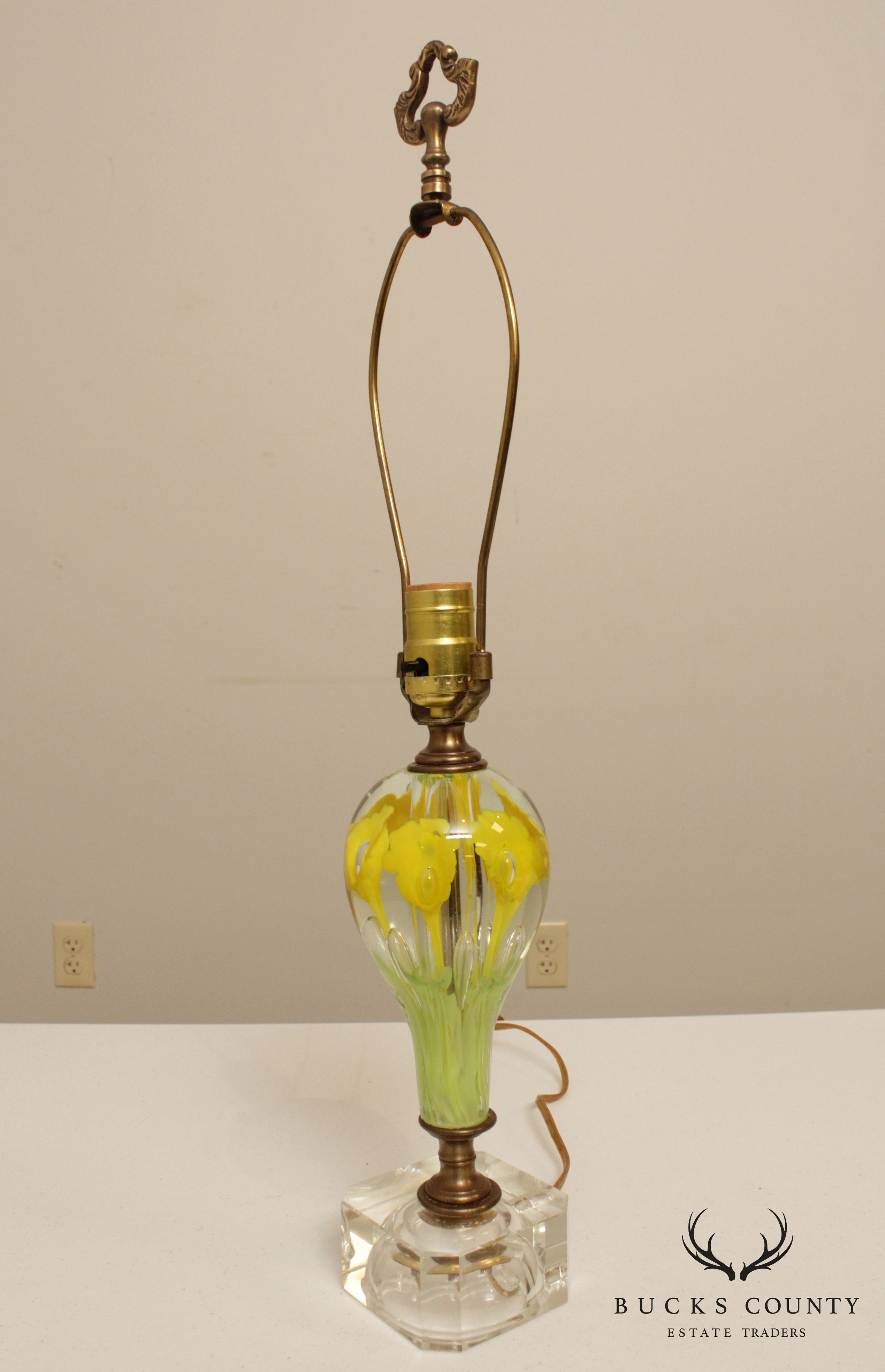 Vintage Floral Art Glass Pair of Table Lamps