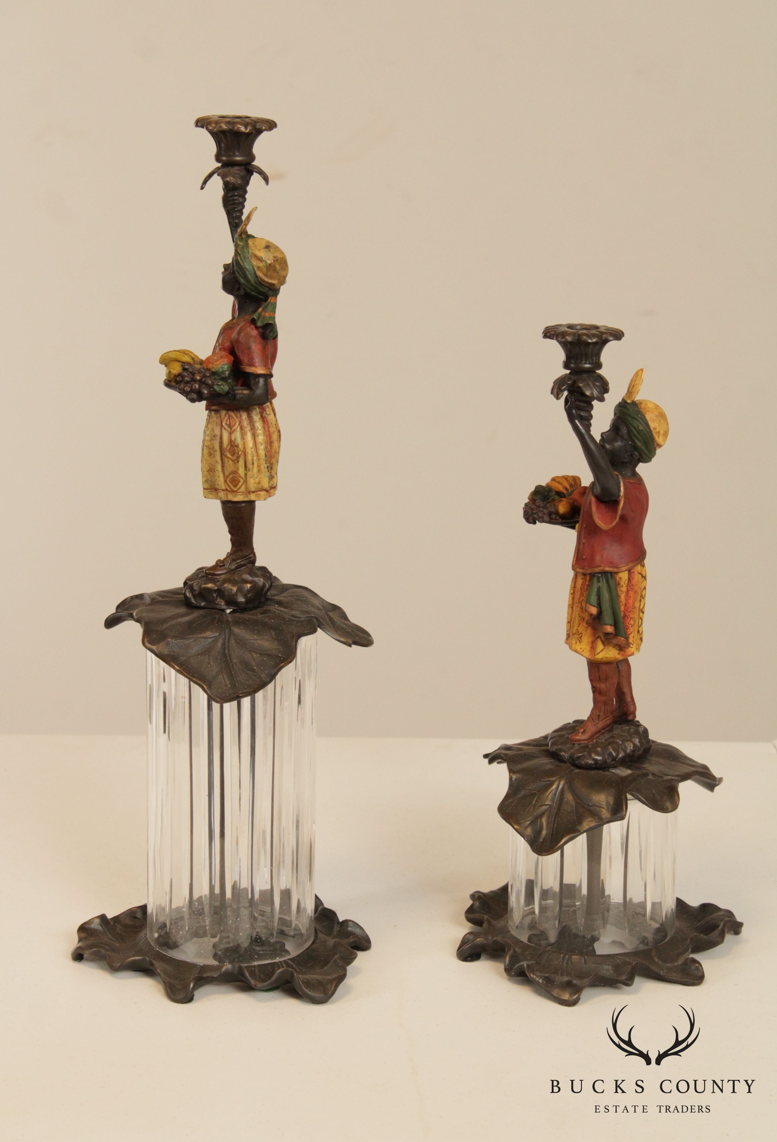 Quality Pair Painted Bronze Figural Candle Holders