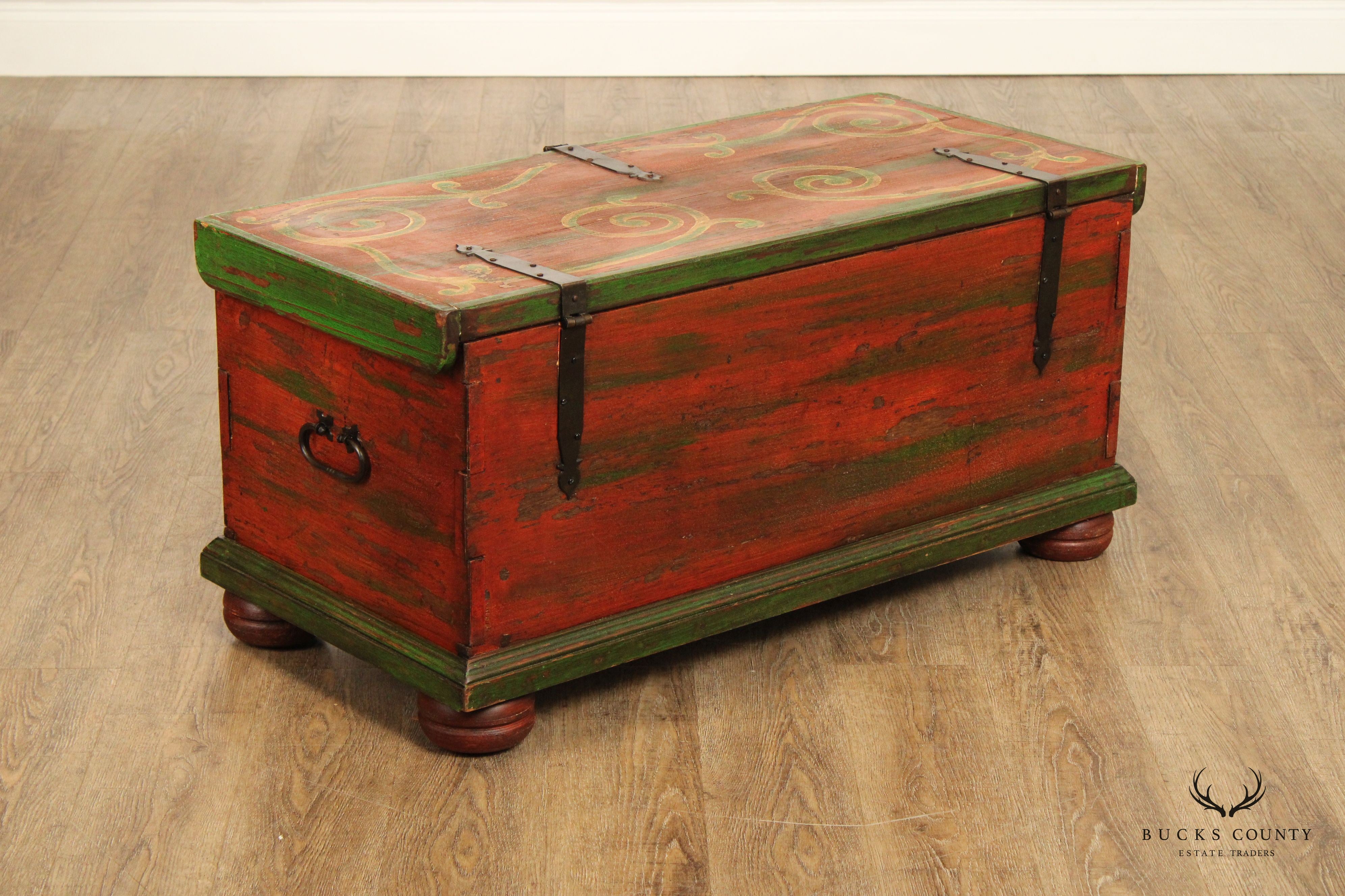 VINTAGE ORNATE HAND PAINTED BESPOKE TRUNK WTH IRON STRAP HINGES