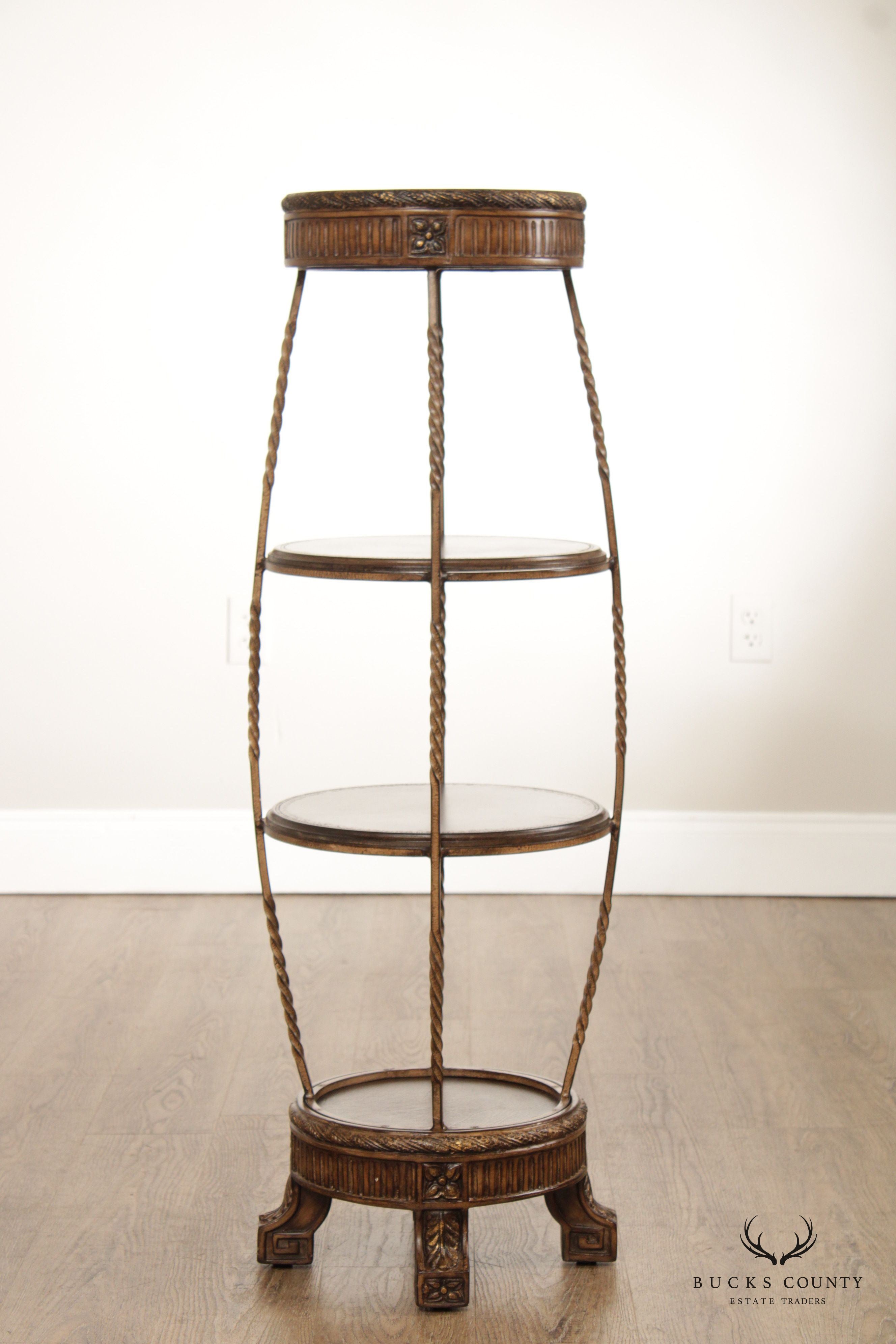 Regency Style Iron and Leather Four-Tier Etagere