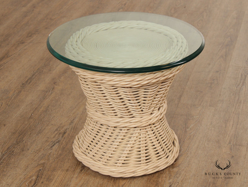 Quality Vintage Round Wicker Rattan Glass Top Side Table