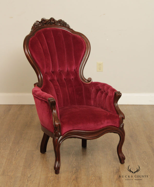 Victorian Rococo Revival Style Velvet Upholstered Parlor Chair
