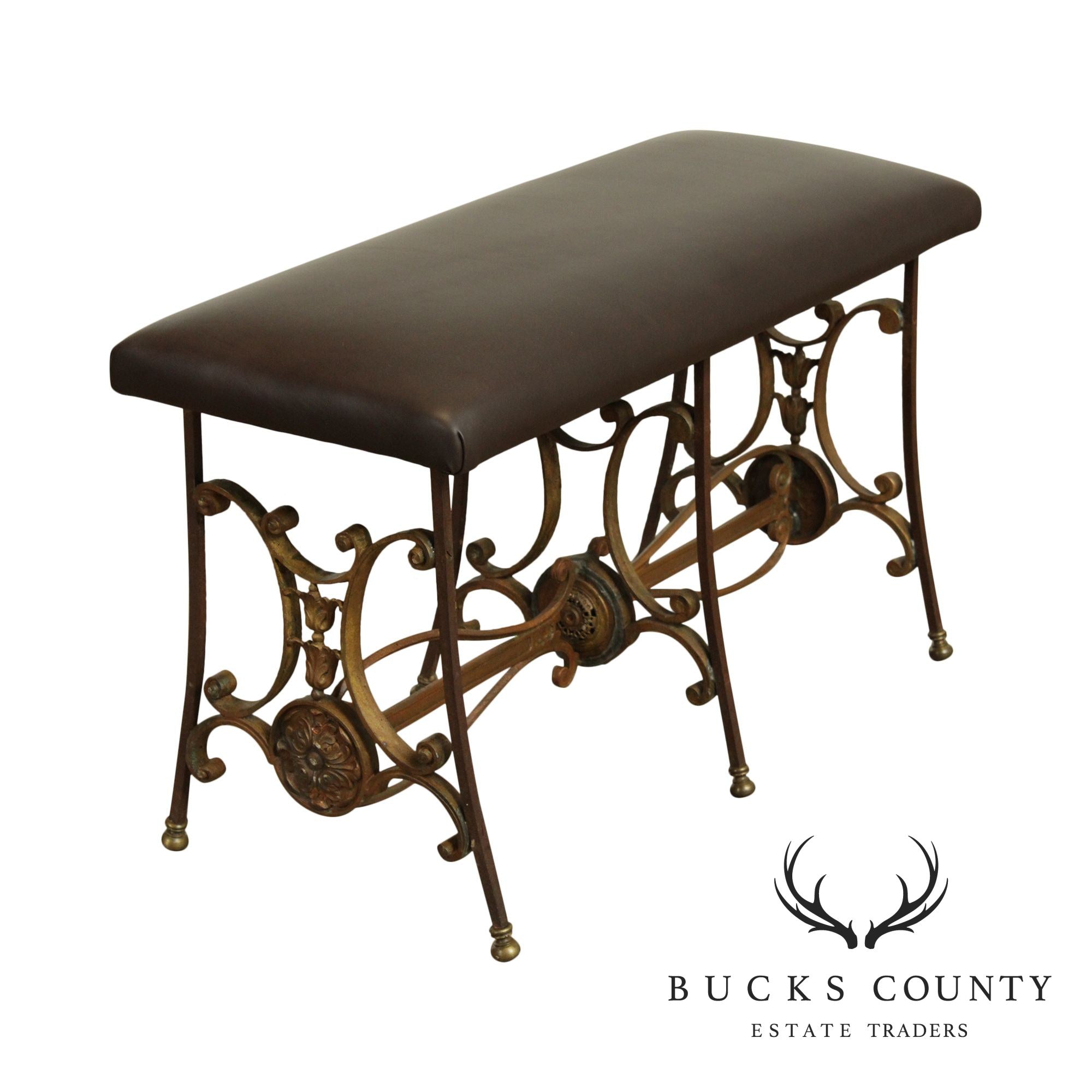 Antique Wrought Iron Leather Seat Bench