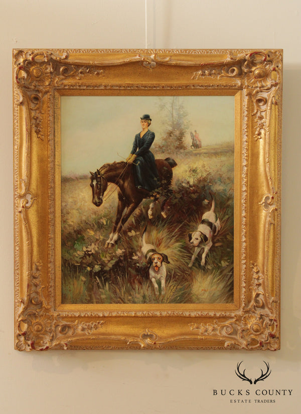 Victorian Hunting Scene Original Painting, Signed 'Hershire'