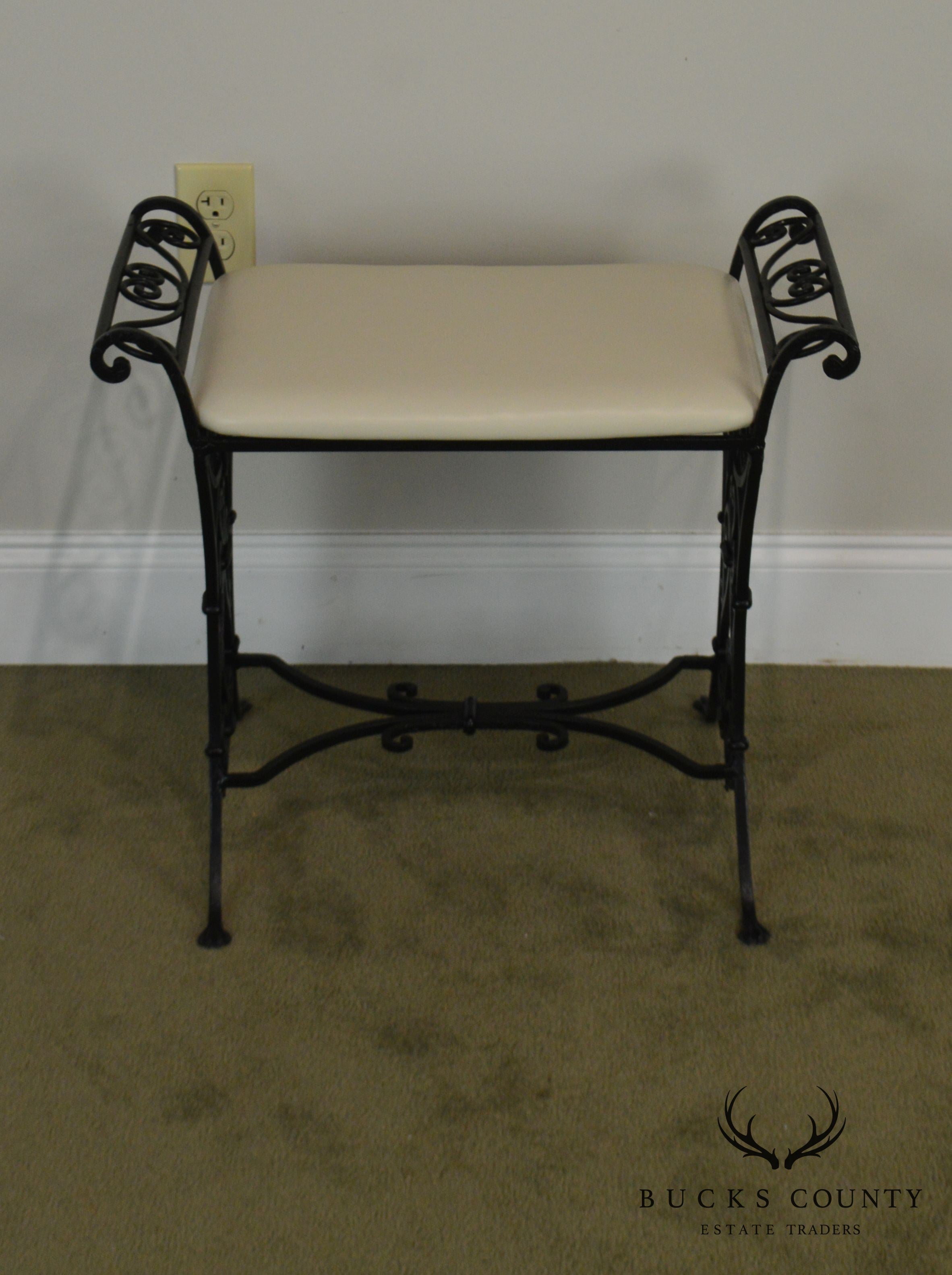 Wrought Iron Art Deco Period Vintage Leather Seat Bench