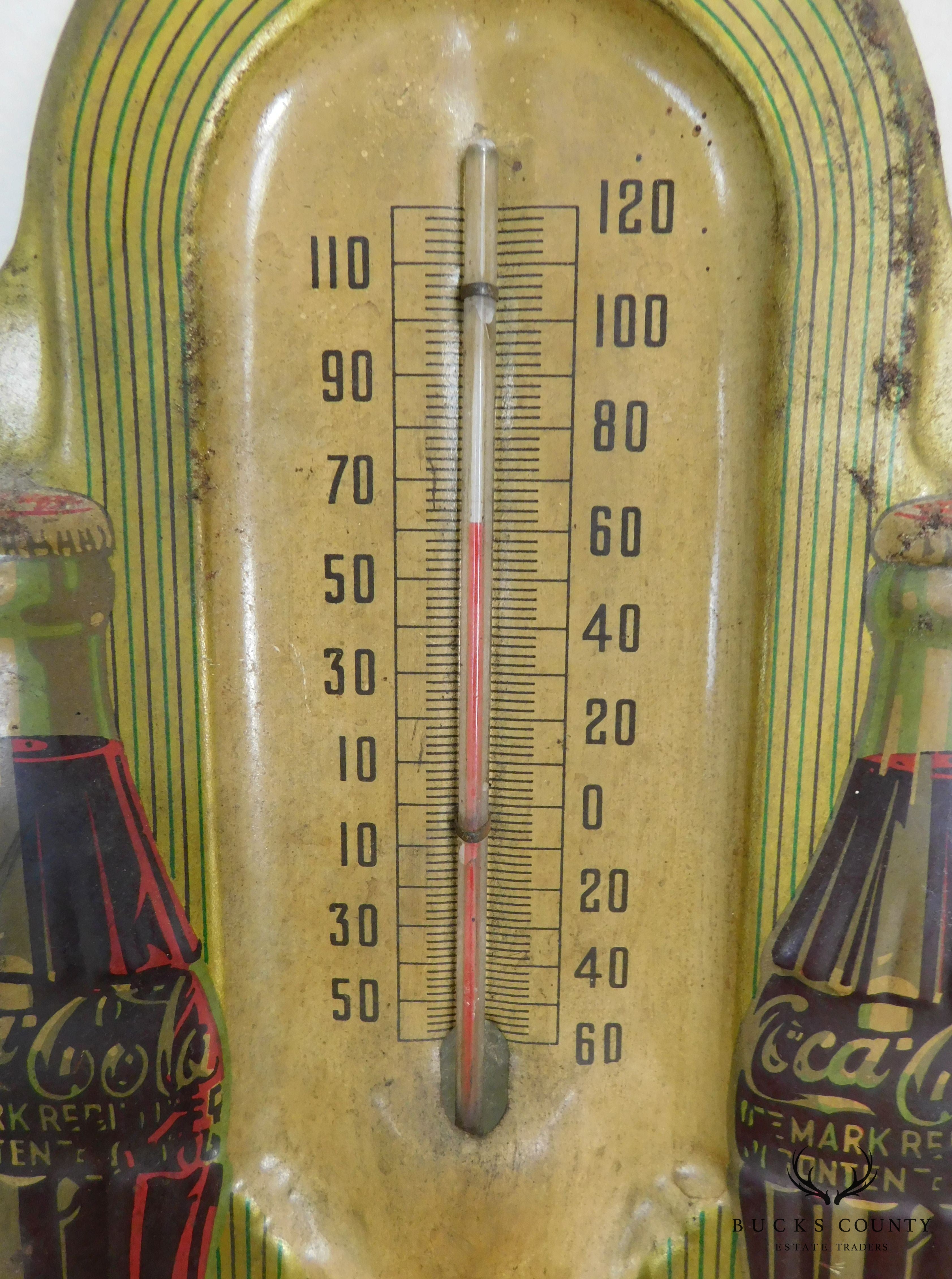 1940's Art Deco Vintage Coca Cola Embossed Tin Advertising Thermometer