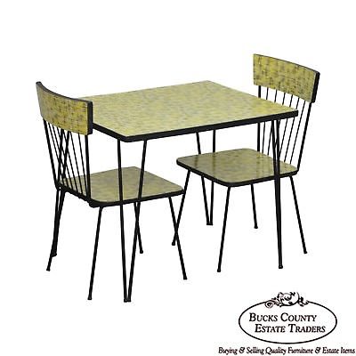 Mid-Century Modern Wrought Iron & Formica Childs Table & 2 Chair Kitchen Set