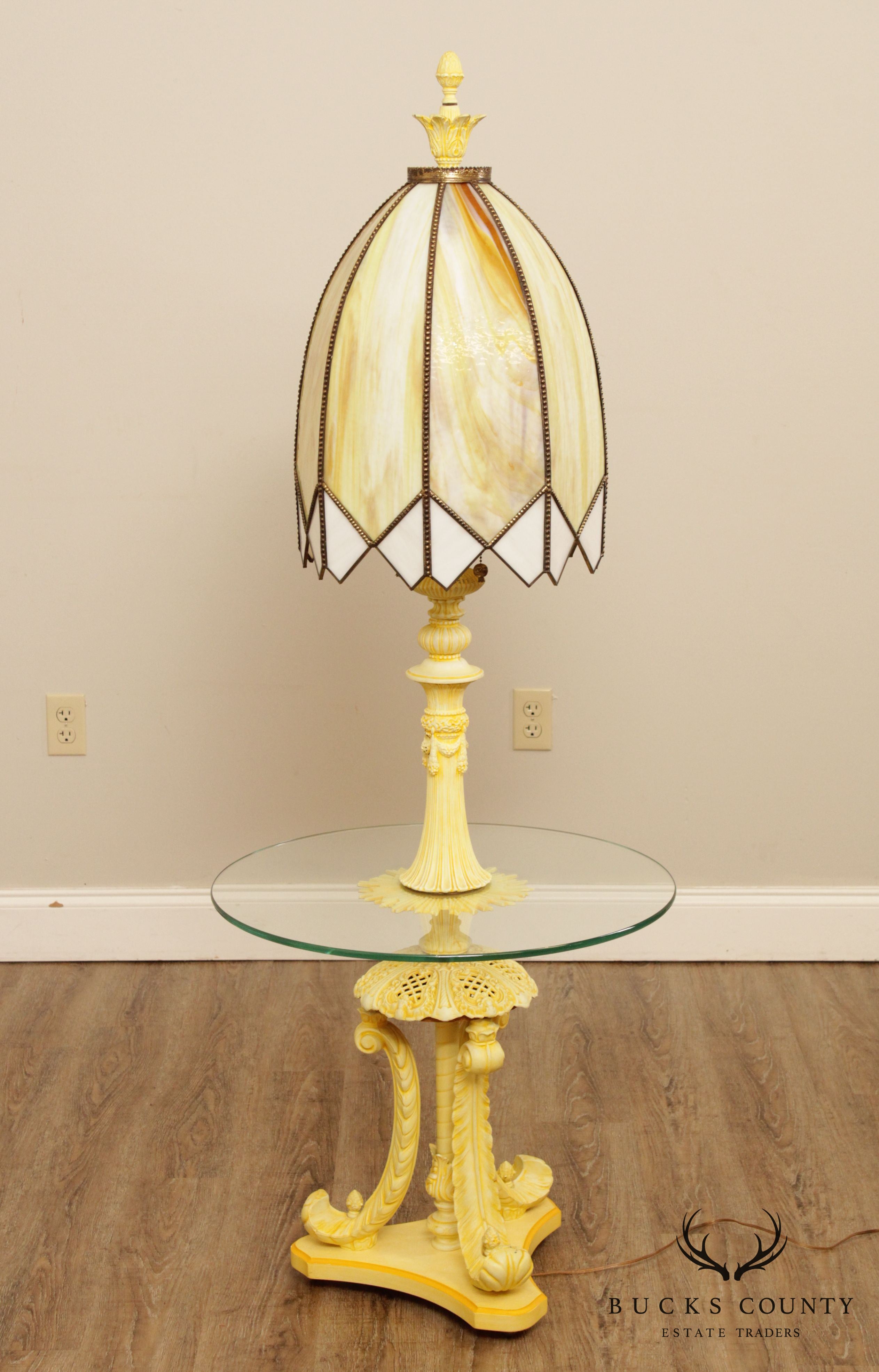 Hollywood Regency Vintage Yellow Slag Glass Floor Lamp Table