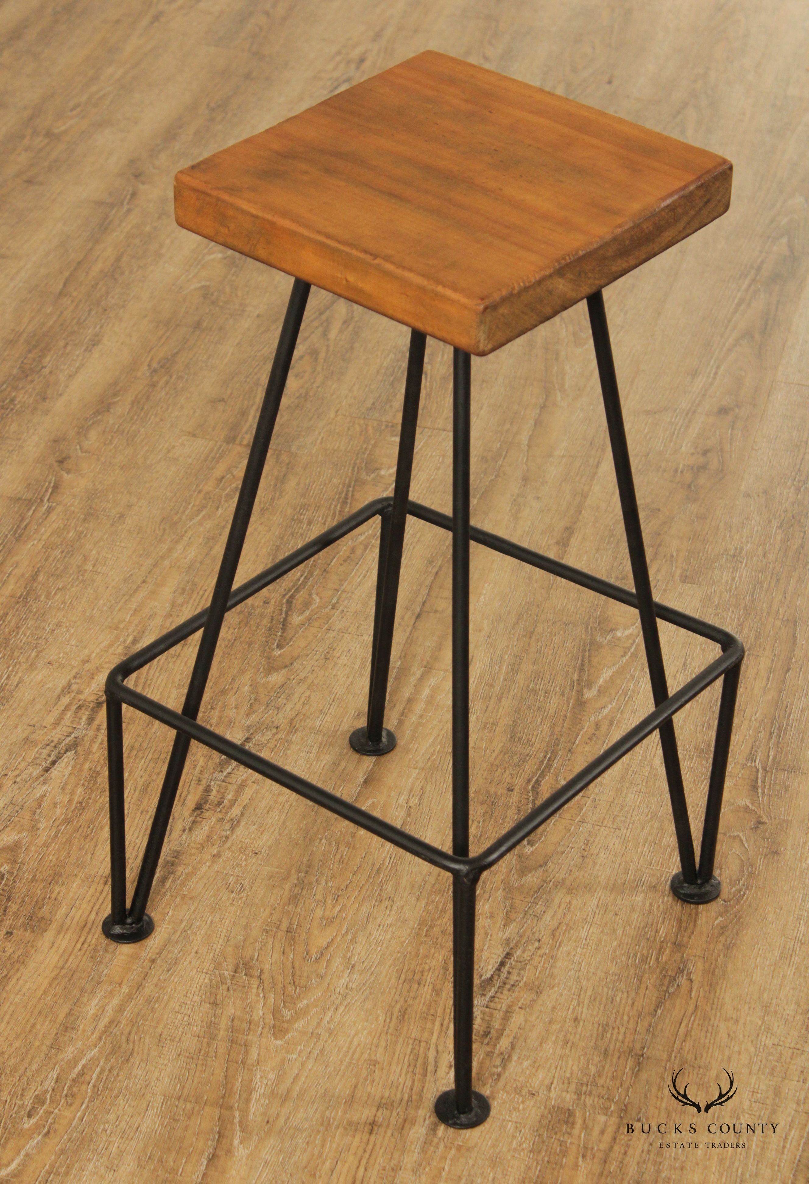 Industrial Midcentury Modern Style Wrought Iron & Wood Drafting or Bar Stool