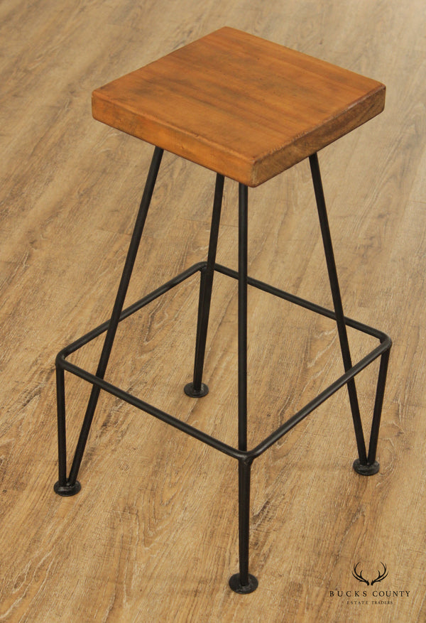 Industrial Midcentury Modern Style Wrought Iron & Wood Drafting or Bar Stool