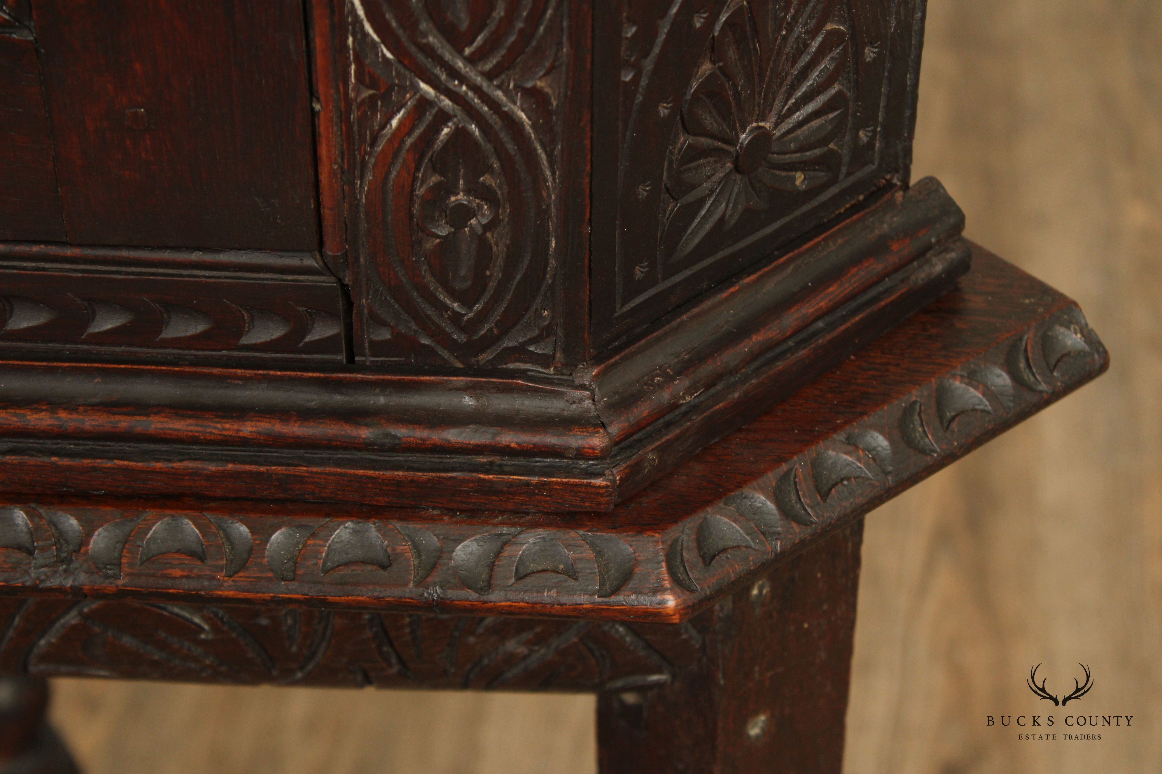 Antique English Carved Oak Corner Cabinet on Stand