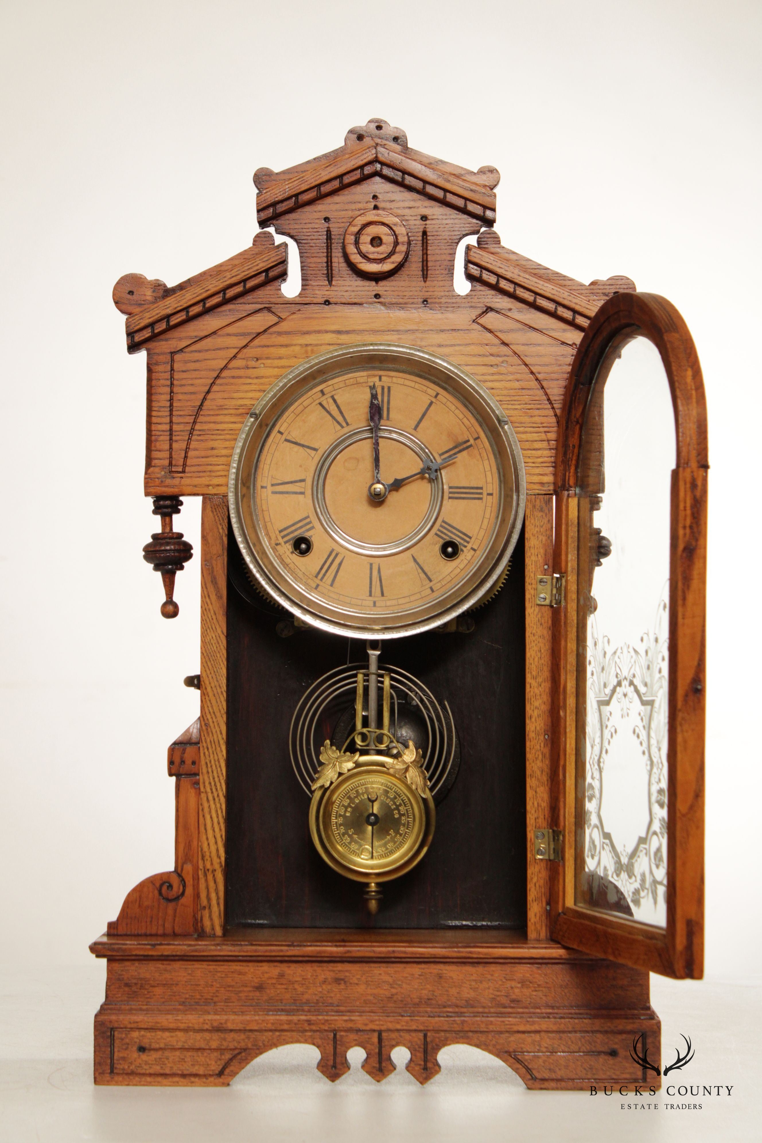 Antique William L. Gilbert Victorian Oak Case Mantel Clock