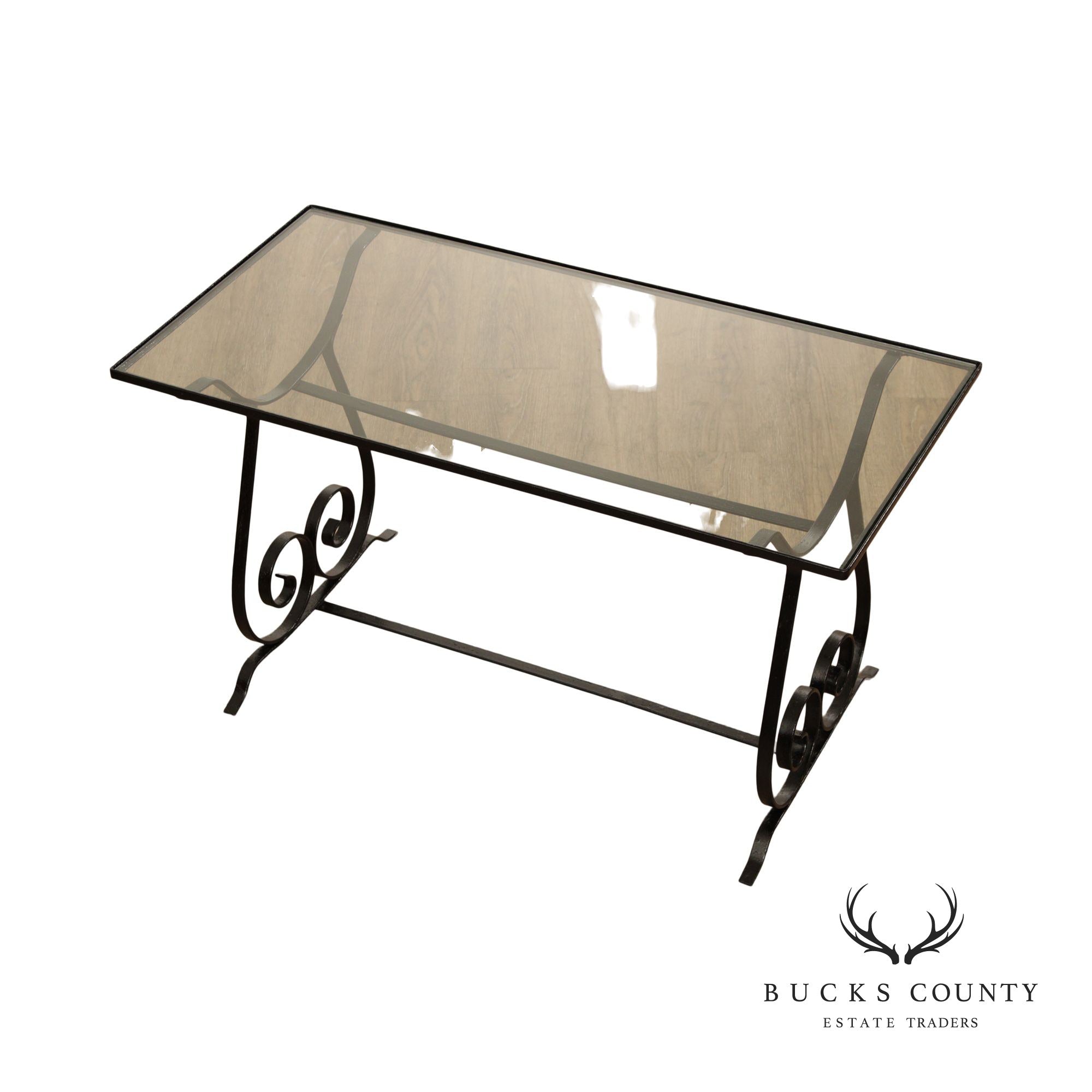 Vintage Wrought Iron Scroll Glass Top Cocktail Table