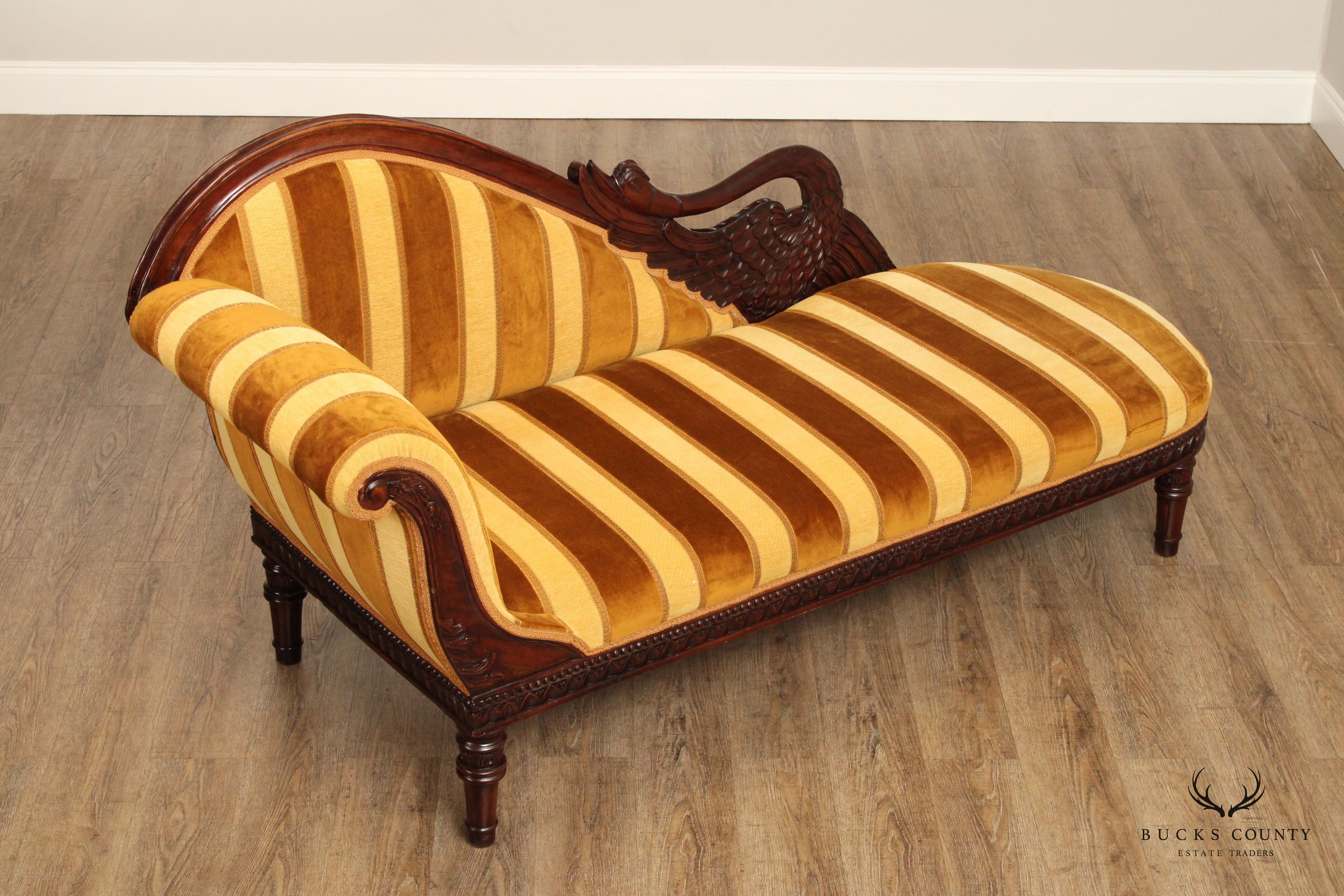 Empire Style Mahogany Swan Carved Fainting Couch Chaise Lounge