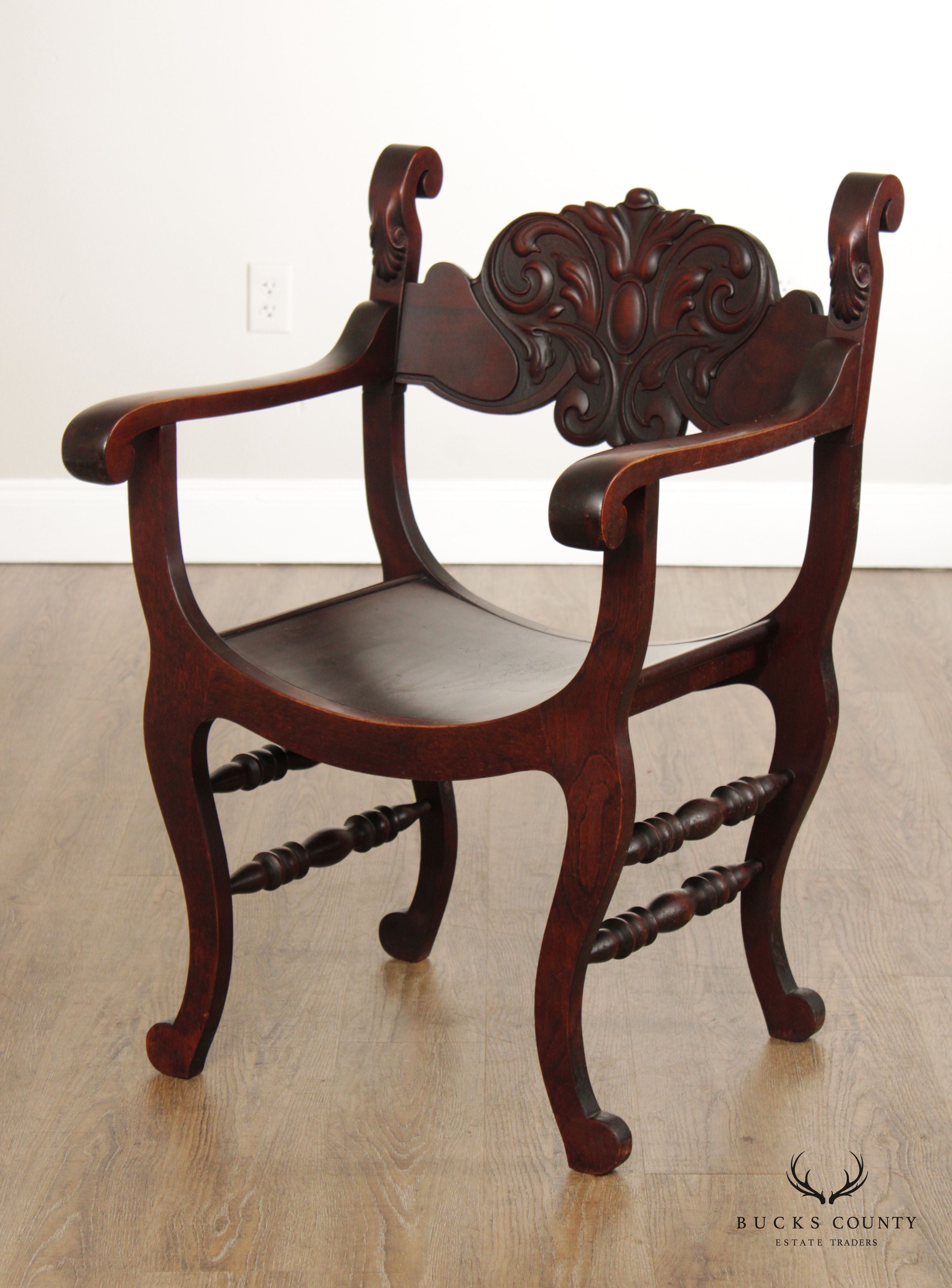 Antique Stomps-Burkhardt Carved Mahogany Saddle Hall Chair