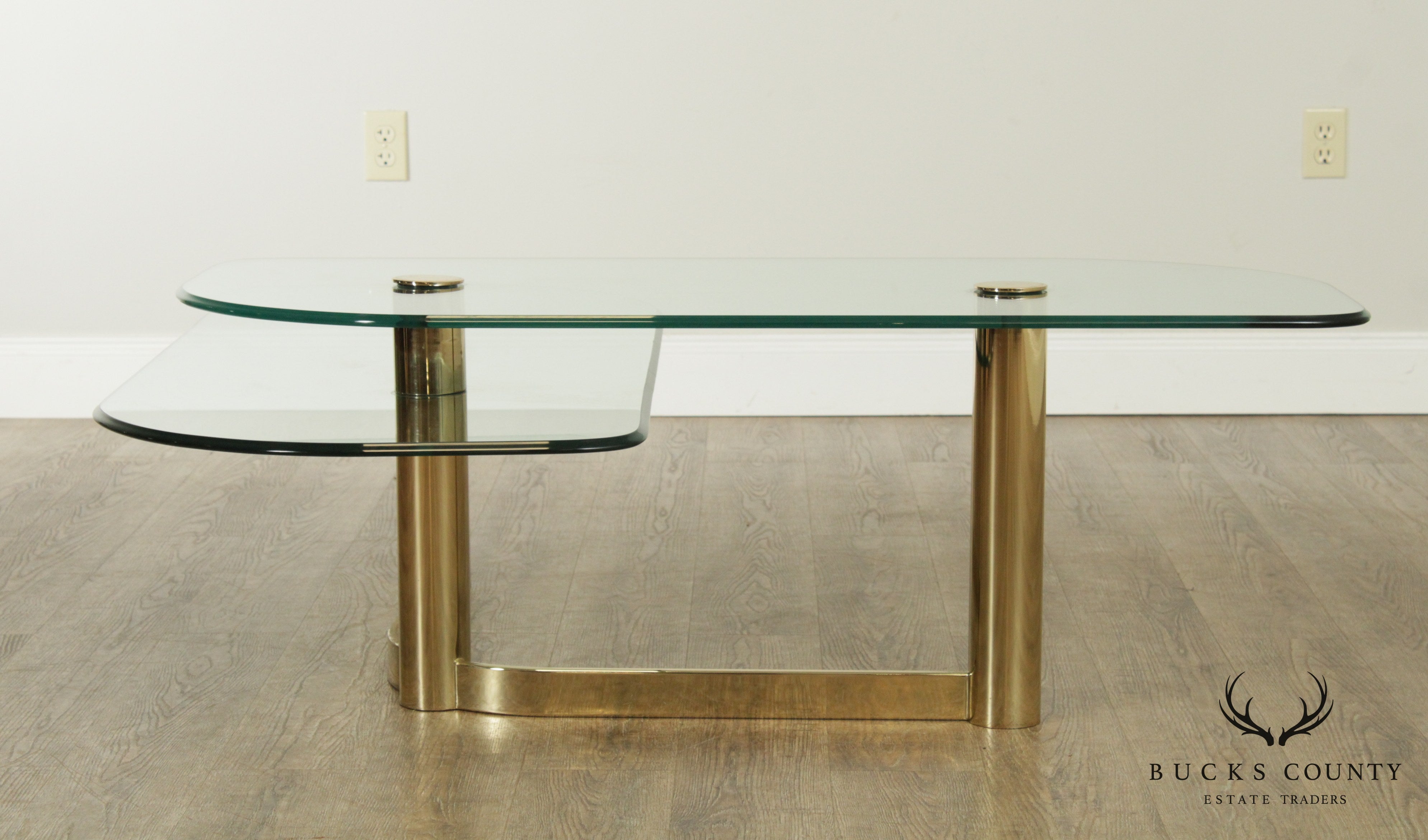 Postmodern 1970's Vintage Brass & Glass 2 Tier L Shape Coffee Table