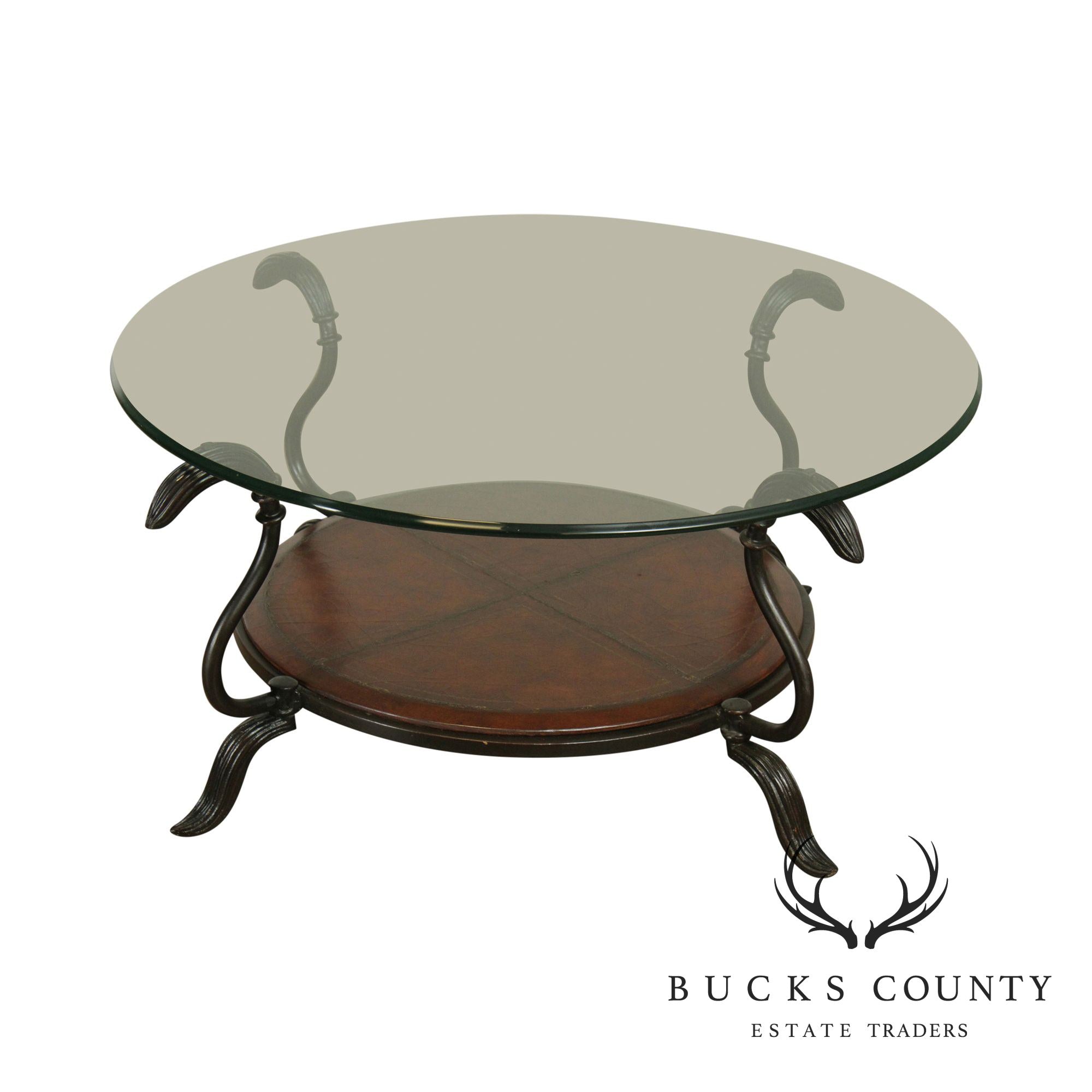 LaBarge Round Glass Top Wrought Iron Table, Leather Tier