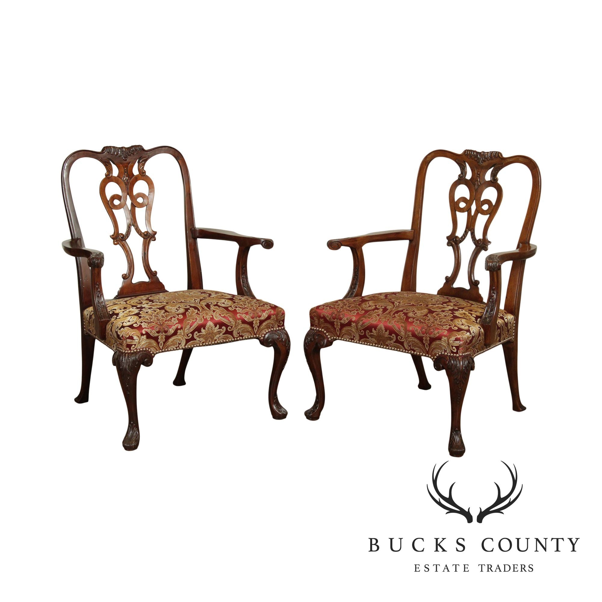 Georgian Style Vintage Custom Quality Carved Mahogany Pair Armchairs