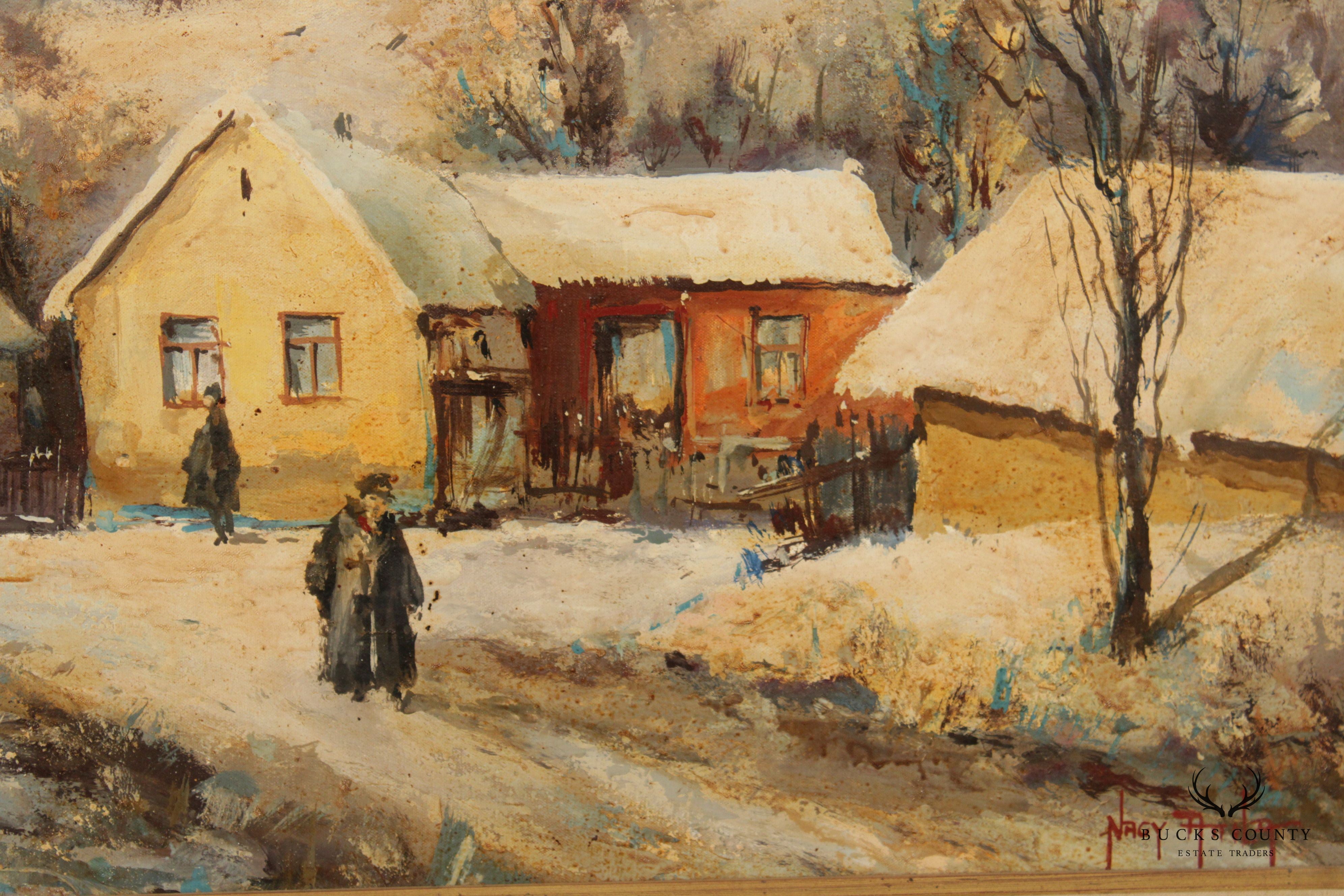 Anita Nagy Oil on Canvas Winter Village Scene