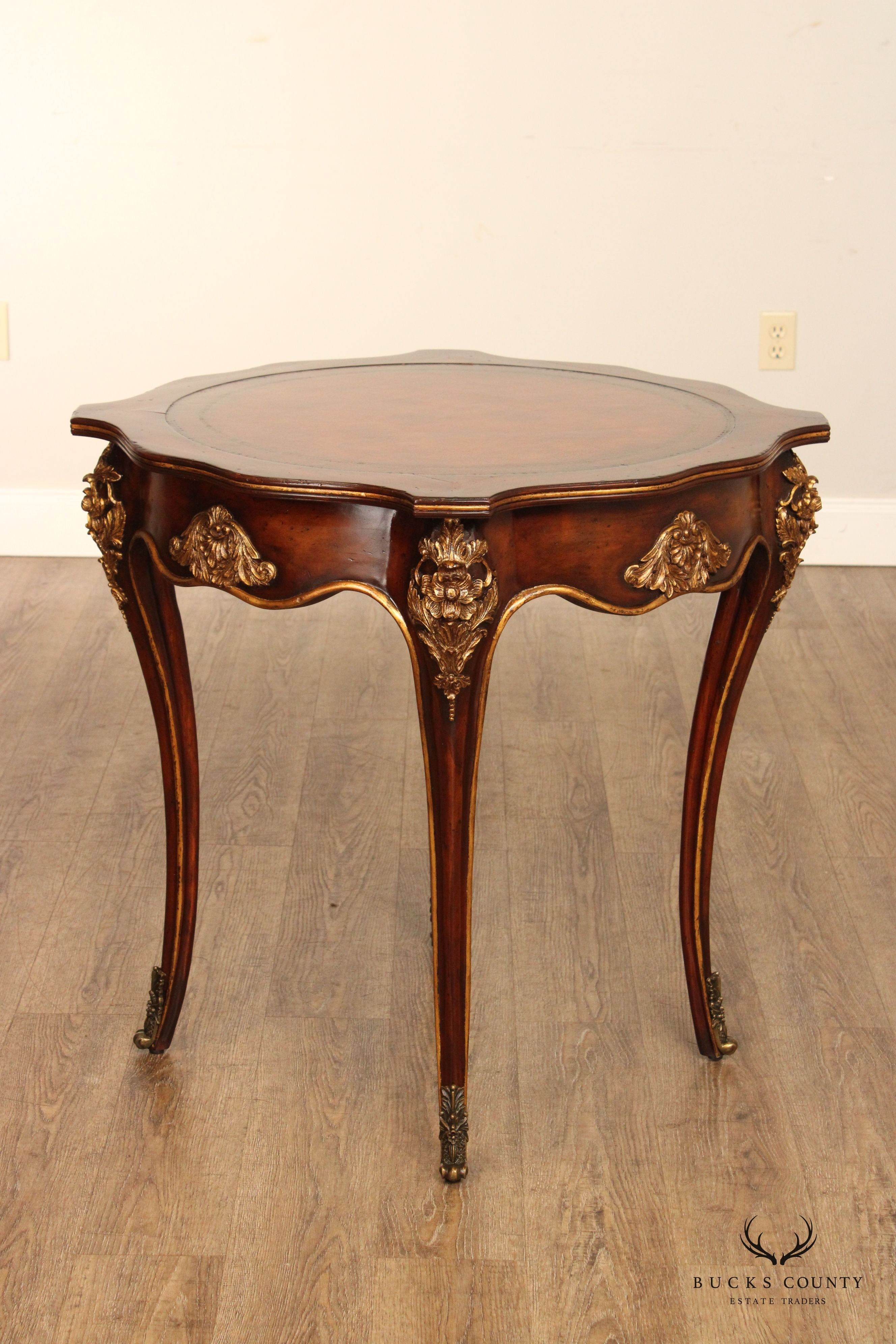 European Crossroads Renaissance Revival Style Leather Top Accent Table