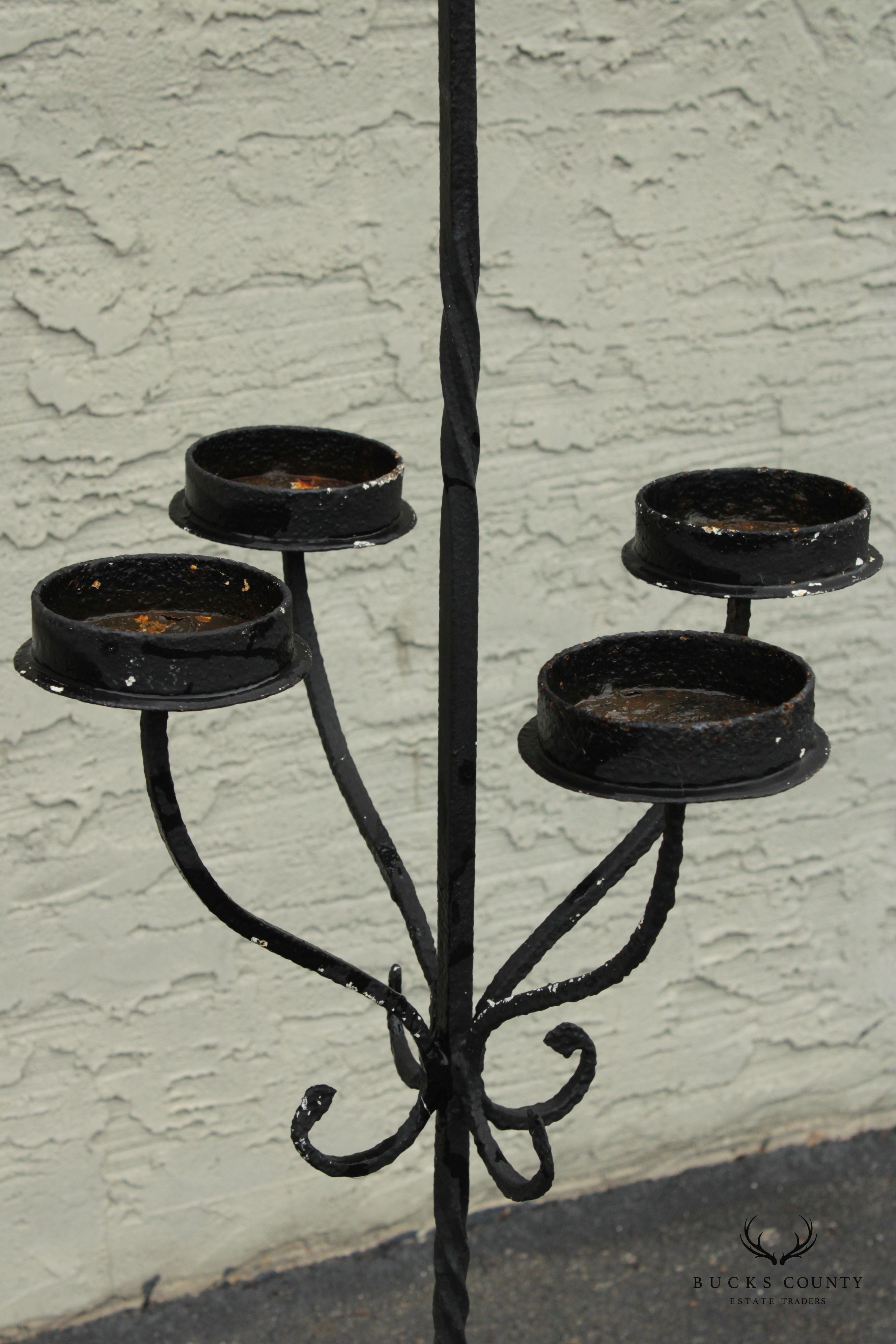 Gothic Revival Style Wrought Iron Outdoor Pillar Floor Candelabrum