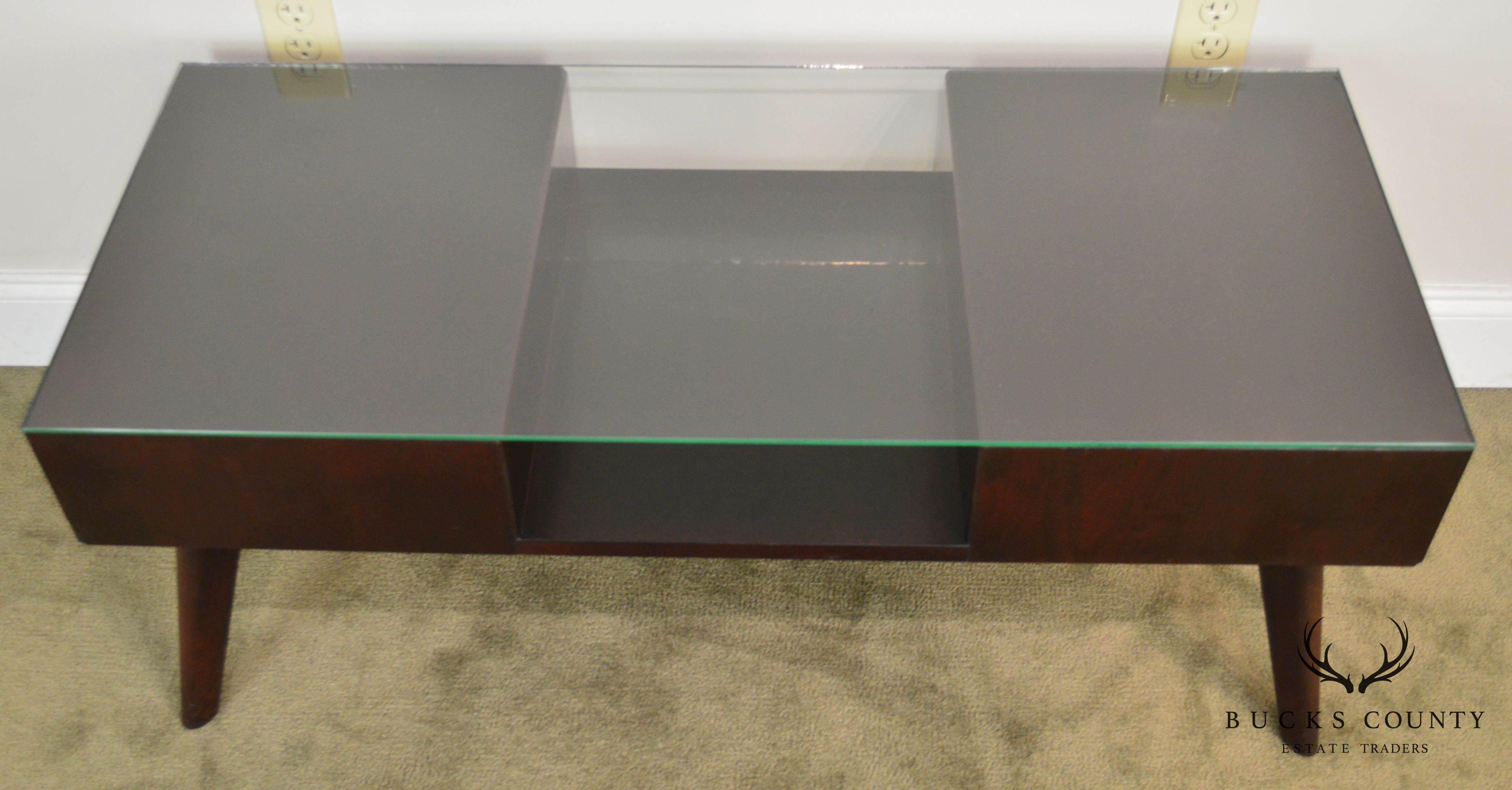 Mid Century Modern Vintage Mahogany 2 Drawer Glass Top Coffee Table