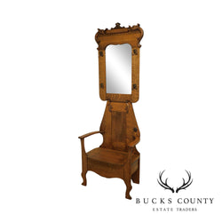 Antique Victorian Oak Mirror Back Hall Seat