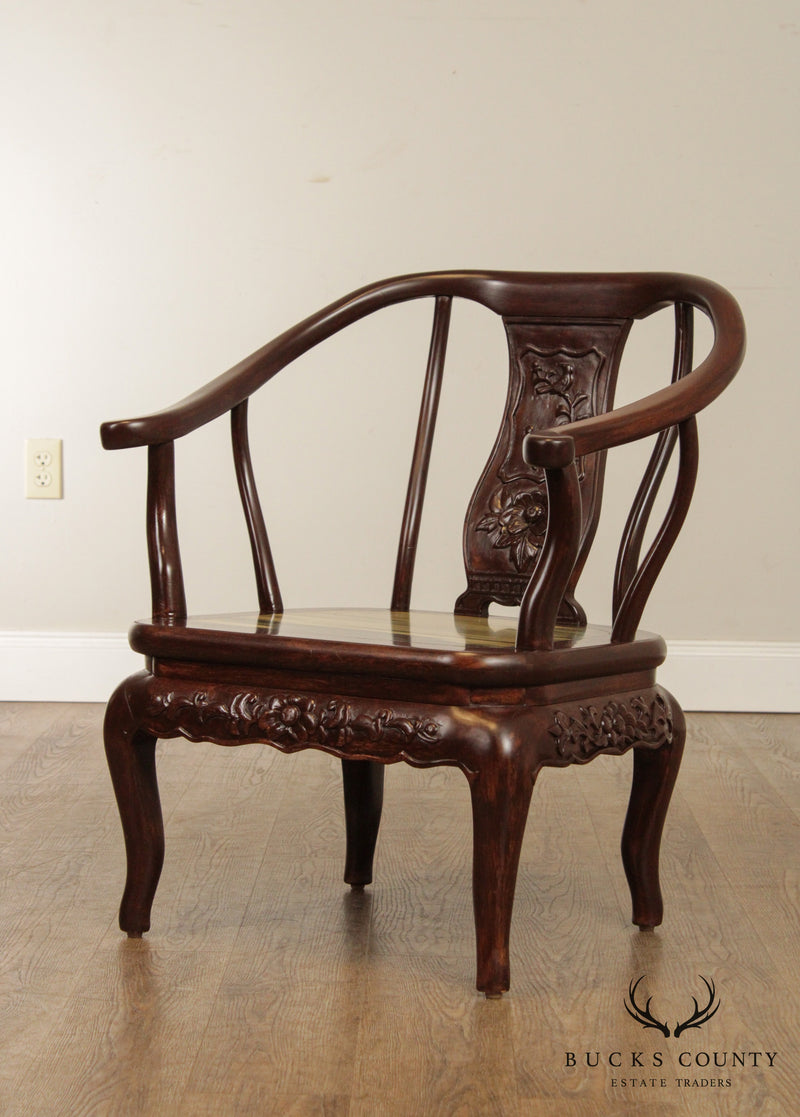 Chinese Pair Marble & Hardwood Horseshoe Chairs
