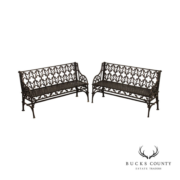 Gothic Revival Style Quality Pair of Cast Iron Outdoor Garden Benches (C)