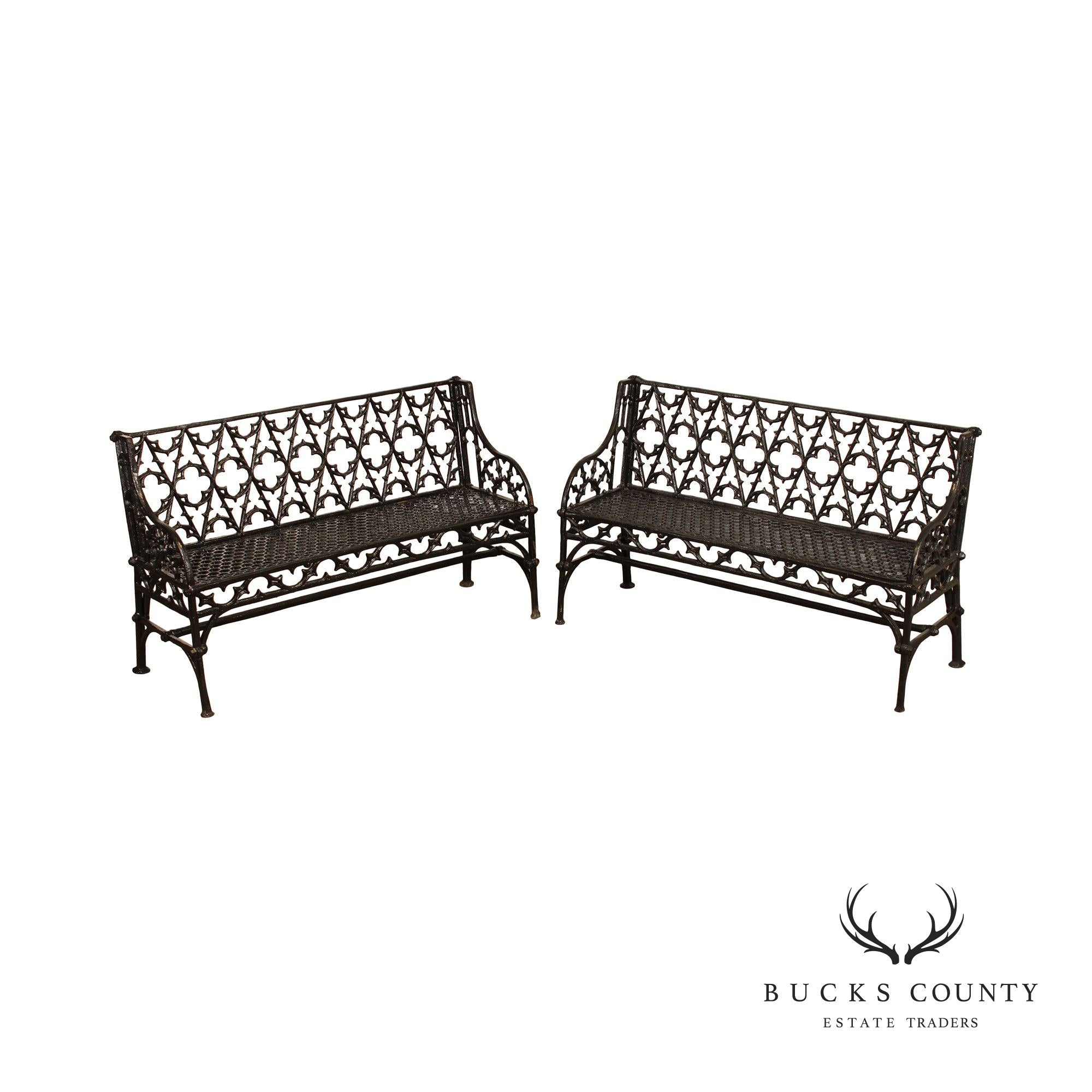 Gothic Revival Style Quality Pair of Cast Iron Outdoor Garden Benches