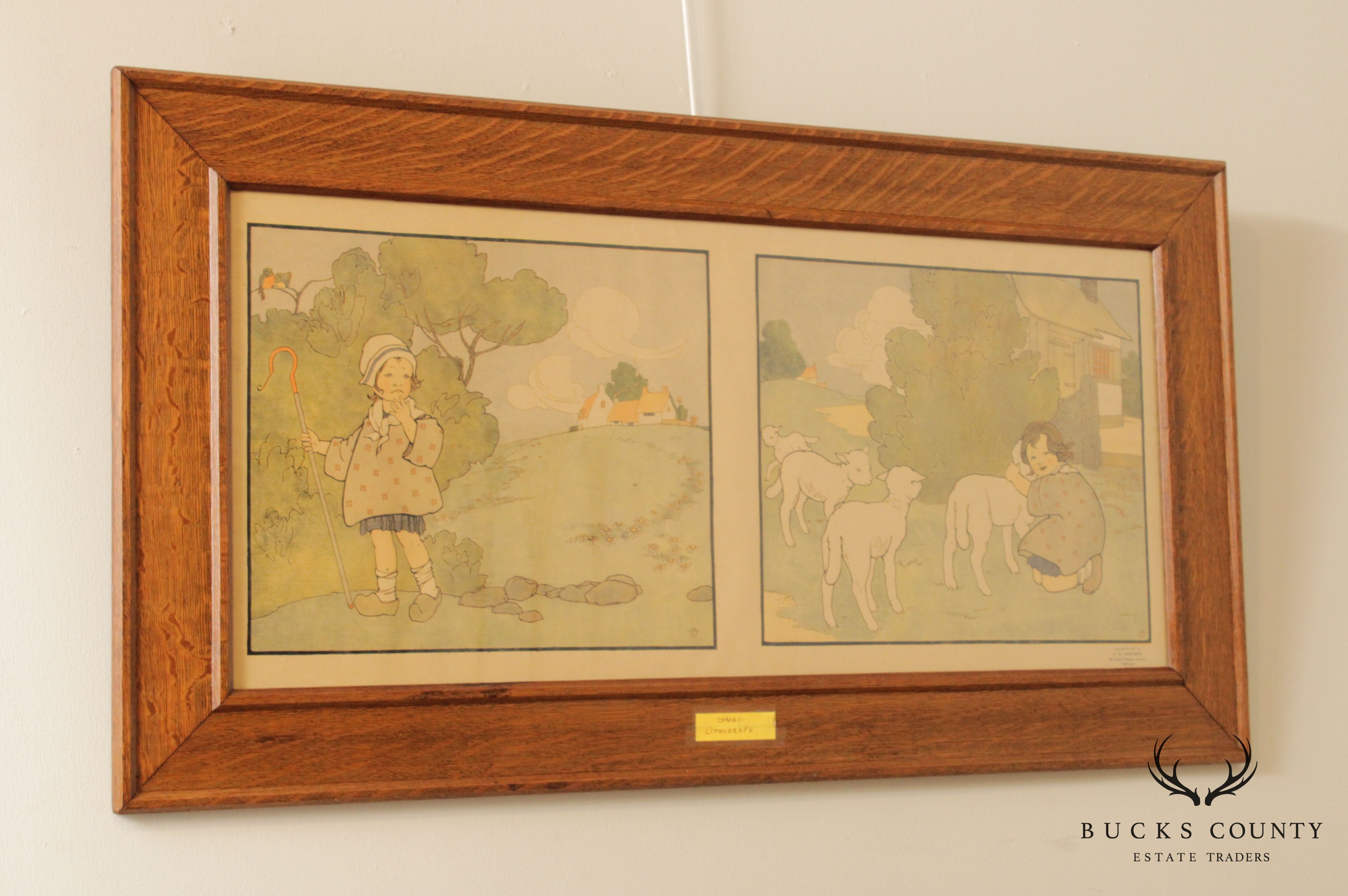 Early 20th C. Mary Louise Spoor 'Little Bo Peep' Lithograph, Oak Frame