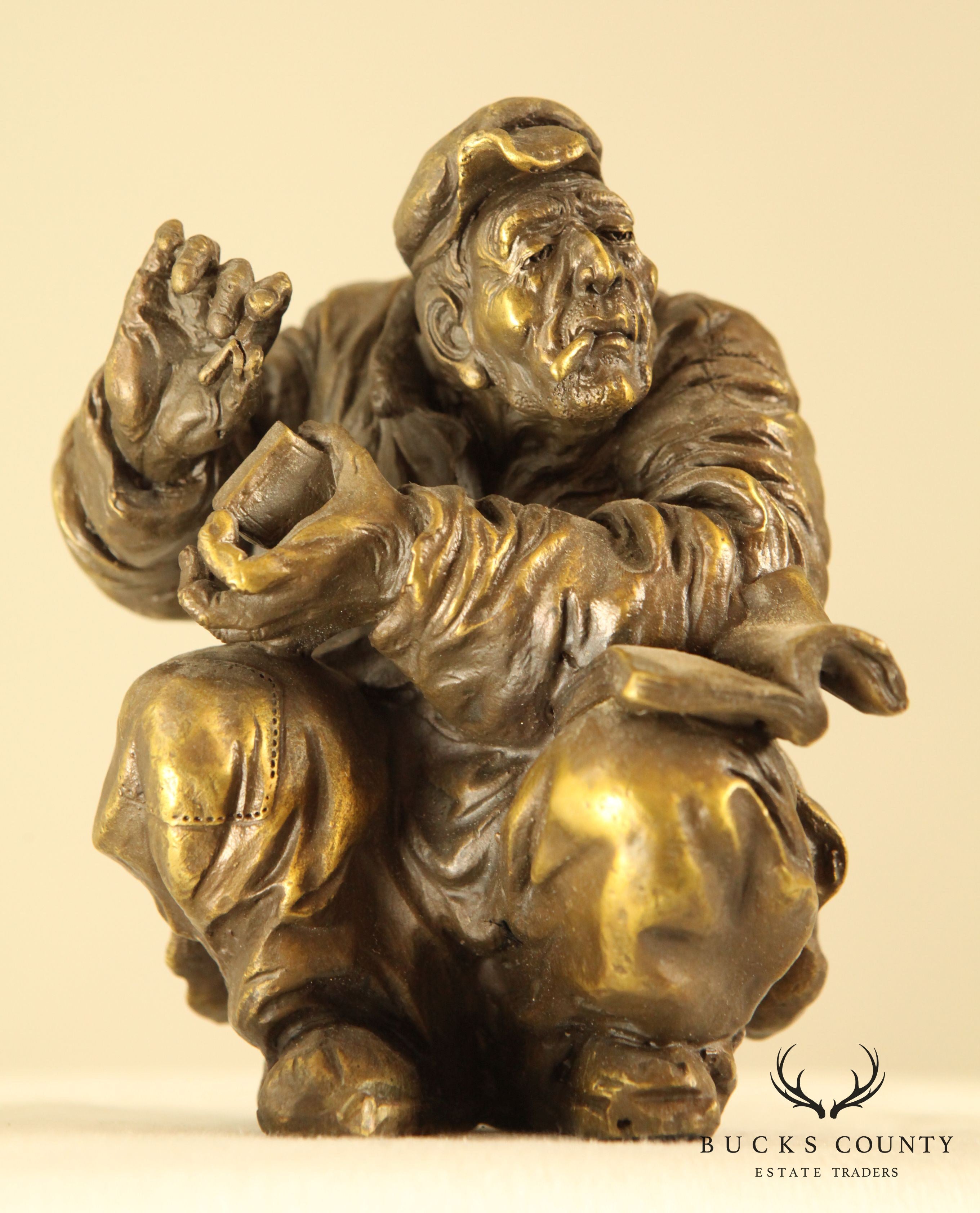 Atlie Bronze Figure of an Old Man Reading, Striking Match for Cigarette