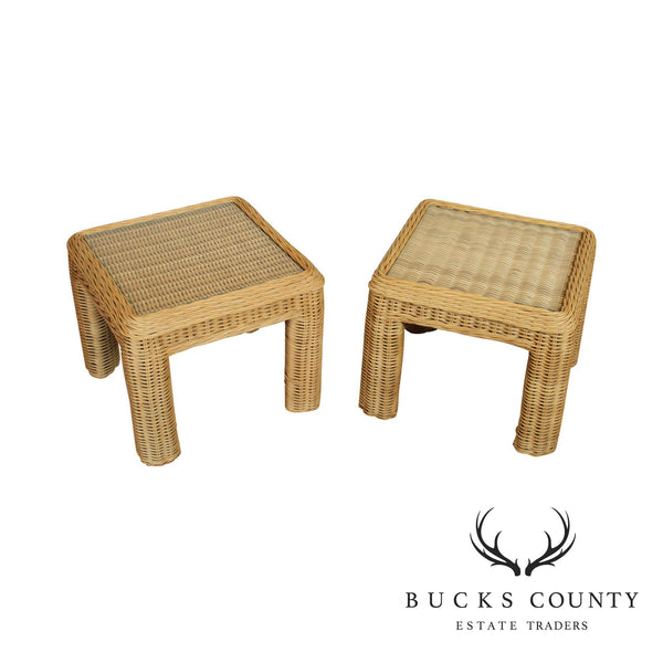 Quality Vintage Pair Square Wicker Side Tables