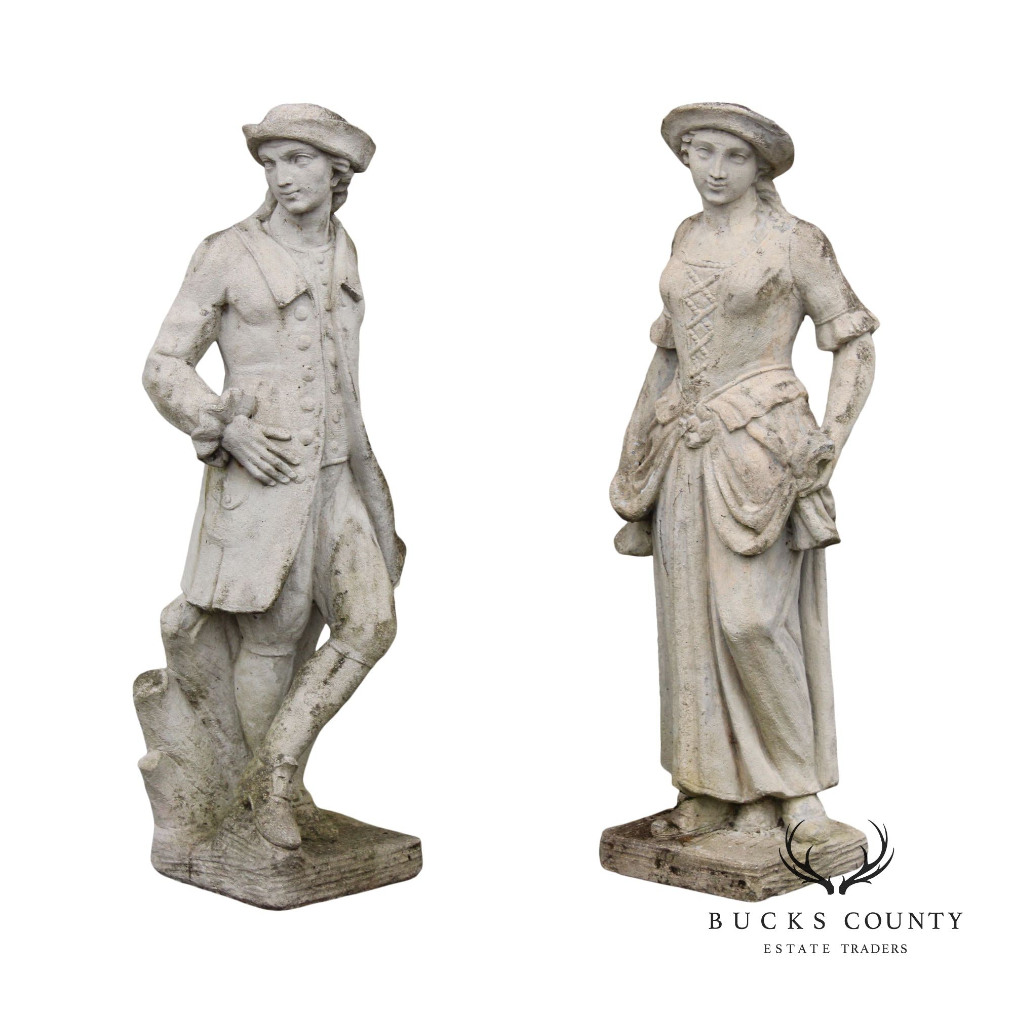 English Style Vintage Pair Figural Cast Stone Garden Statues