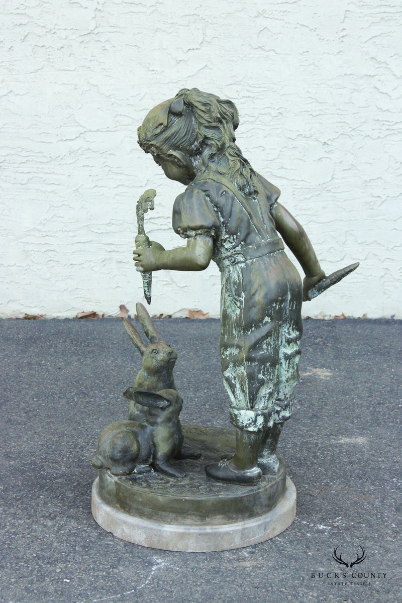 Jim Davidson Girl Feeding Rabbits Bronze Outdoor Sculpture