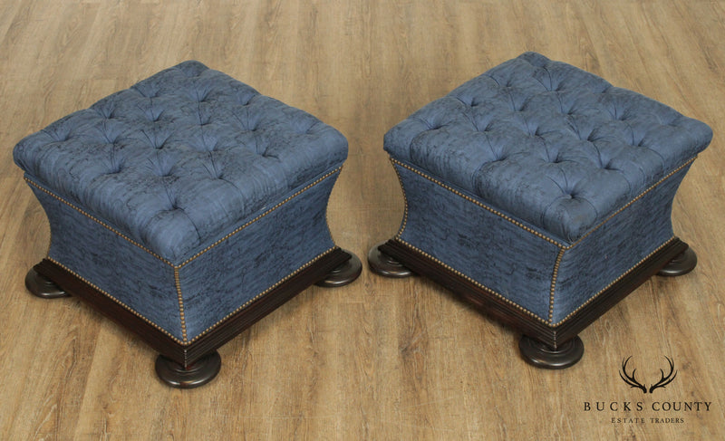 Regency Style Large Pair Custom Tufted Upholstered Storage Ottomans